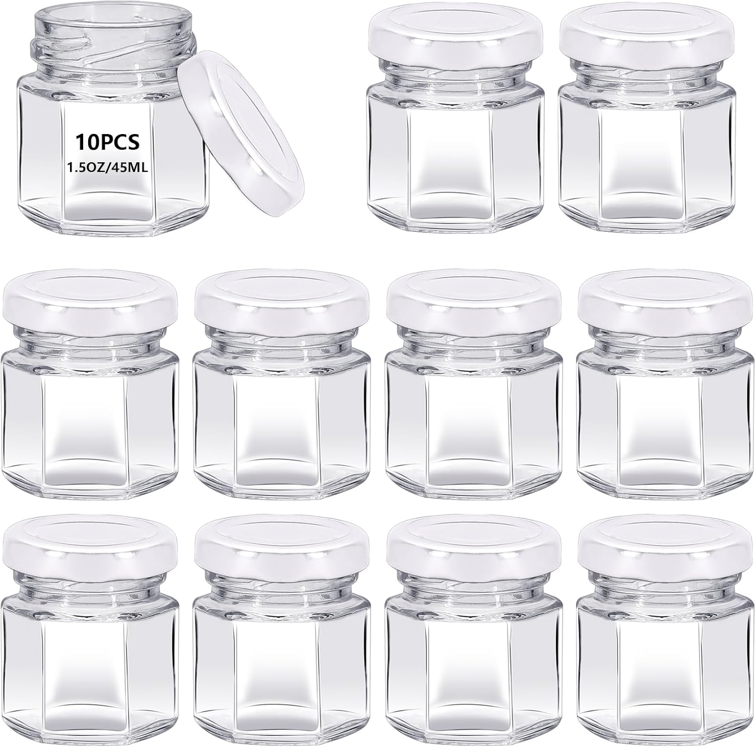 10Pack 1.5 oz Mini Clear Honey Jars for Wedding Favor, Baby Shower, 45ml Small Glass Favor with Airtight Lids, Gift Jars, Sample Body Butter, Jam, Spices, Herbs, Candy, Candle (White lid)