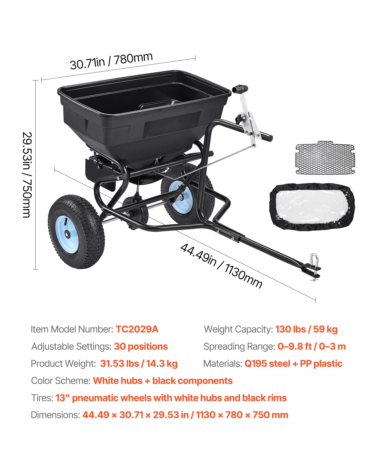 VEVOR Épandeur Engrais Tracté Capacité 59 kg Épandeur à Semence à Remorquer Largeur Épandage 0-3 m Semoir à Pousser pour Graines, Sel Déneigement, Semer Jardinage, Pelouse, Gazon, avec Roues 33 cm