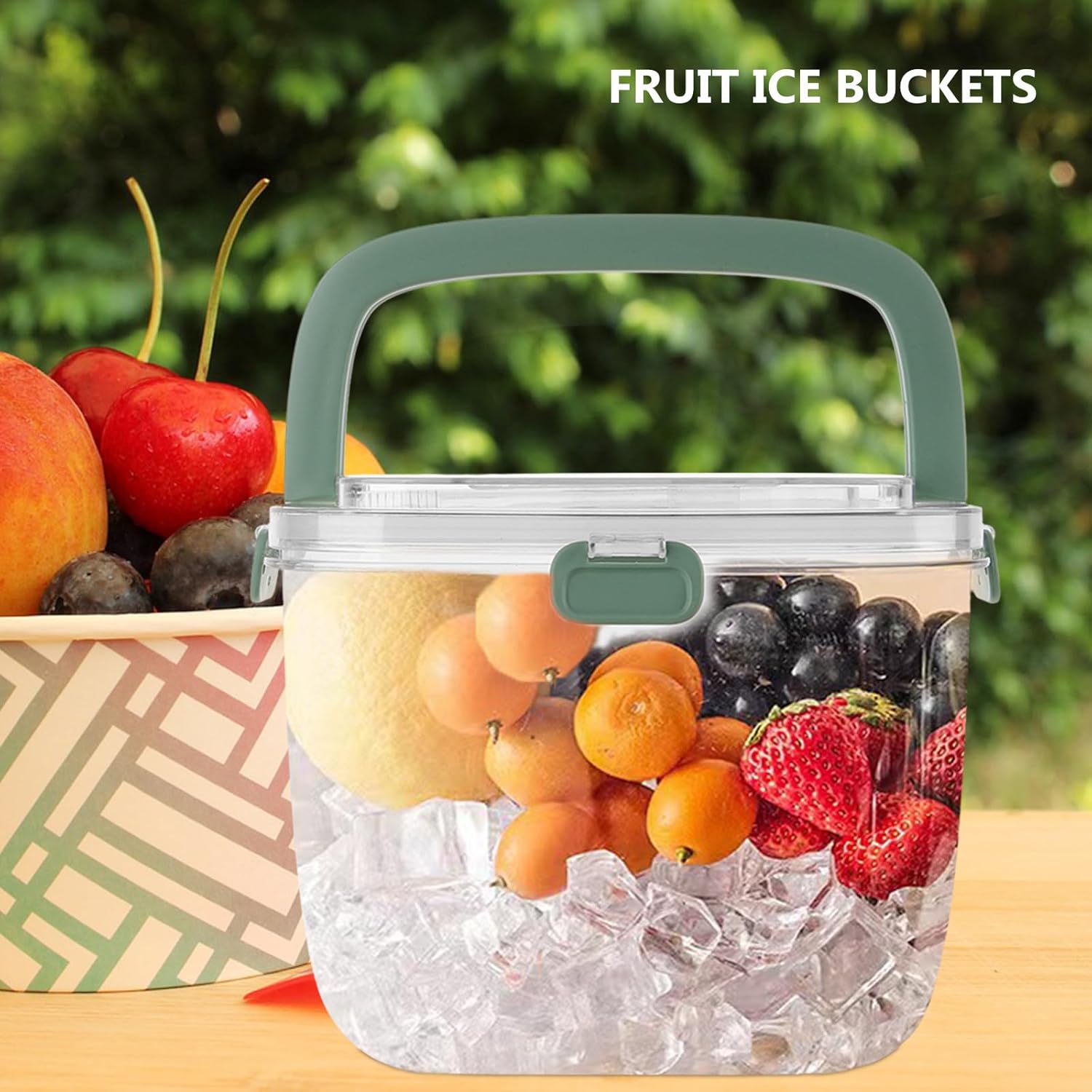 FOMIYES Reusable Ice Cube Bucket with Plastic Handle, Green Portable Ice Storage Container for Home Bar and Party Use
