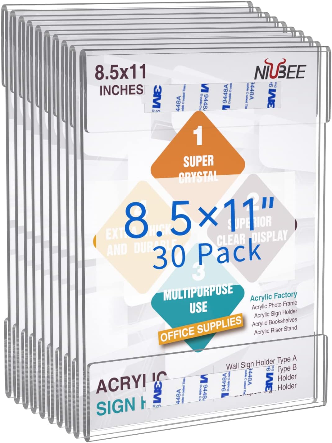 Niubee 8.5x11 inch Wall Mount Acrylic Sign Holder with 3M Tape Adhesive for Office, Home, Store, Restaurant-No Drilling (10 Pack) : Office Products