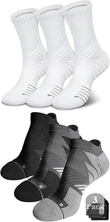 Hylaea 6 Pairs Running Socks for Men, Coolmax Anti-Blister Cushion Socks for Athletic, Moisture Wicking & Seamless Size L White & Black Dark Grey Grey