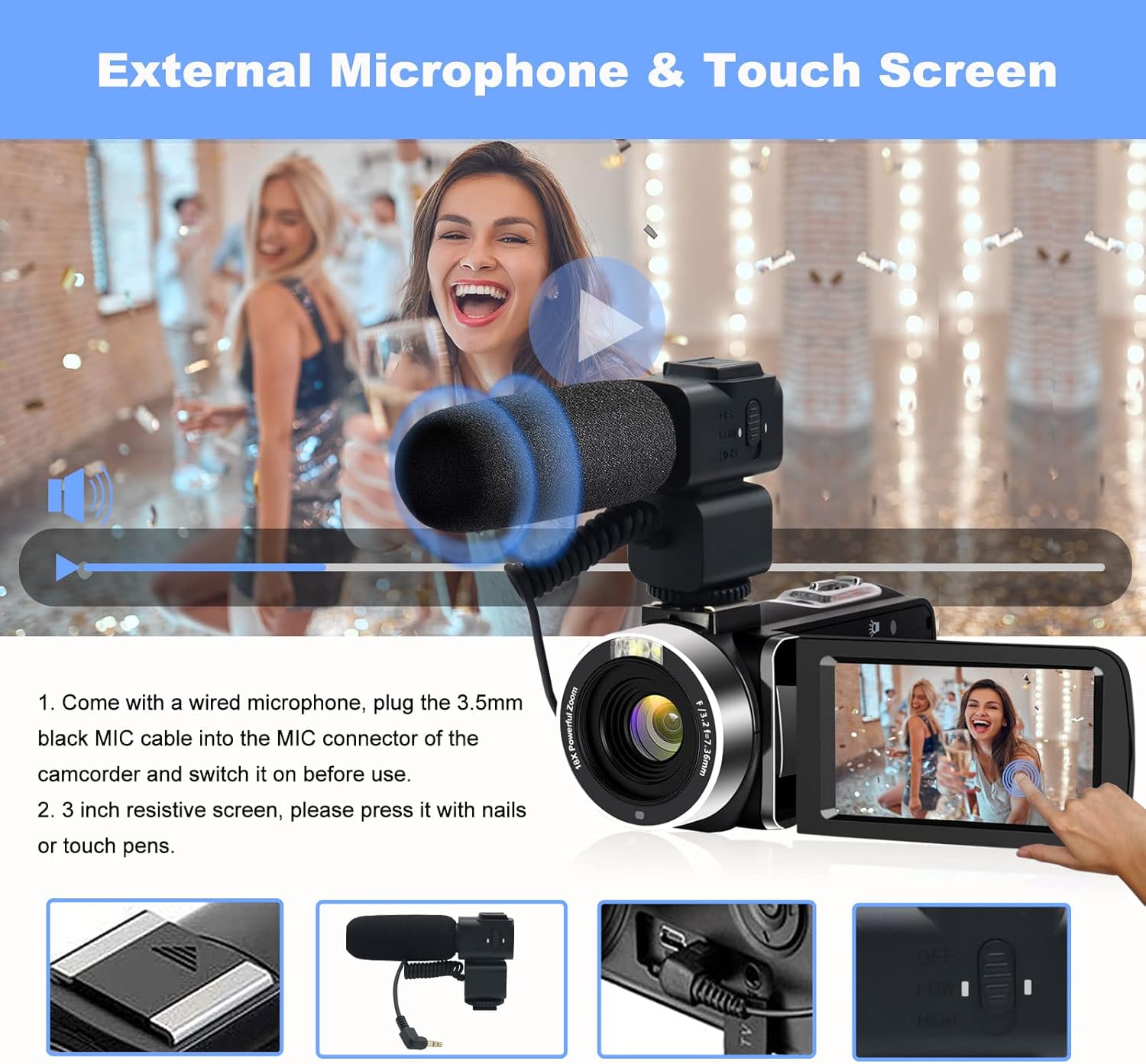 Camcorders Video Camera 4k with 3" Touch Screen and 32G Card, WiFi Digital Camera, 18X Digital Zoom, Vlogging Camera for YouTube Video Recording, Kids Video Camera, Remote, Microphone