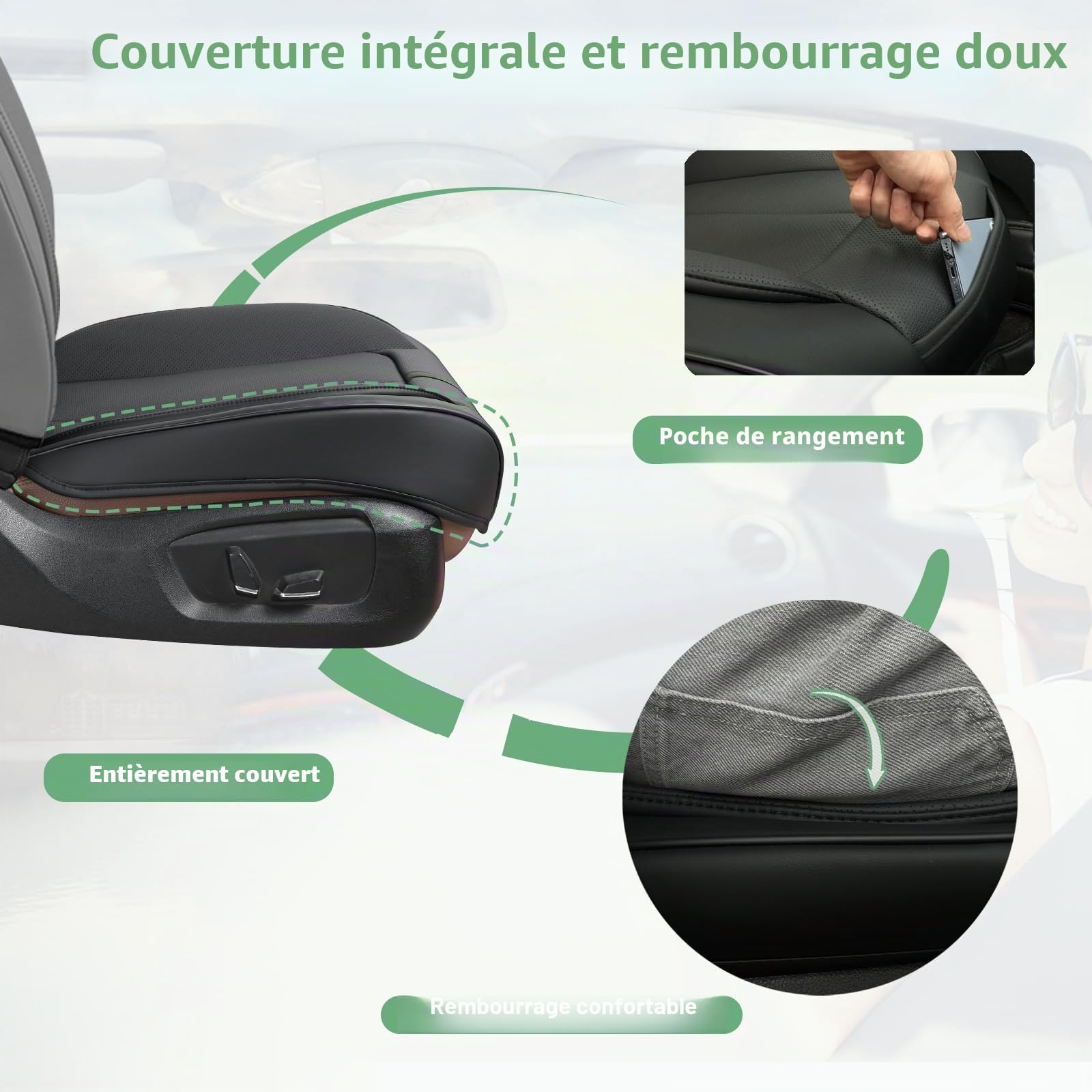 2 Pack Couverture De Siège Avant en Cuir Uniquement pour Le Bas, Coussin De Siège Rembourré Antidérapant, Protège-Siège Universel Adapté À La Plupart des Voitures, SUV, Camionnettes (Noir)