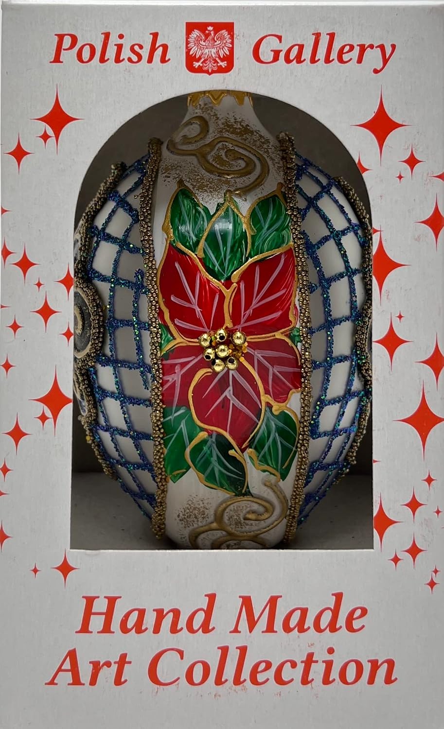 Fabergé Egg 5-Inch Blown Glass Christmas Tree Ornament Red Poinsettia (Chromatic White, 5")