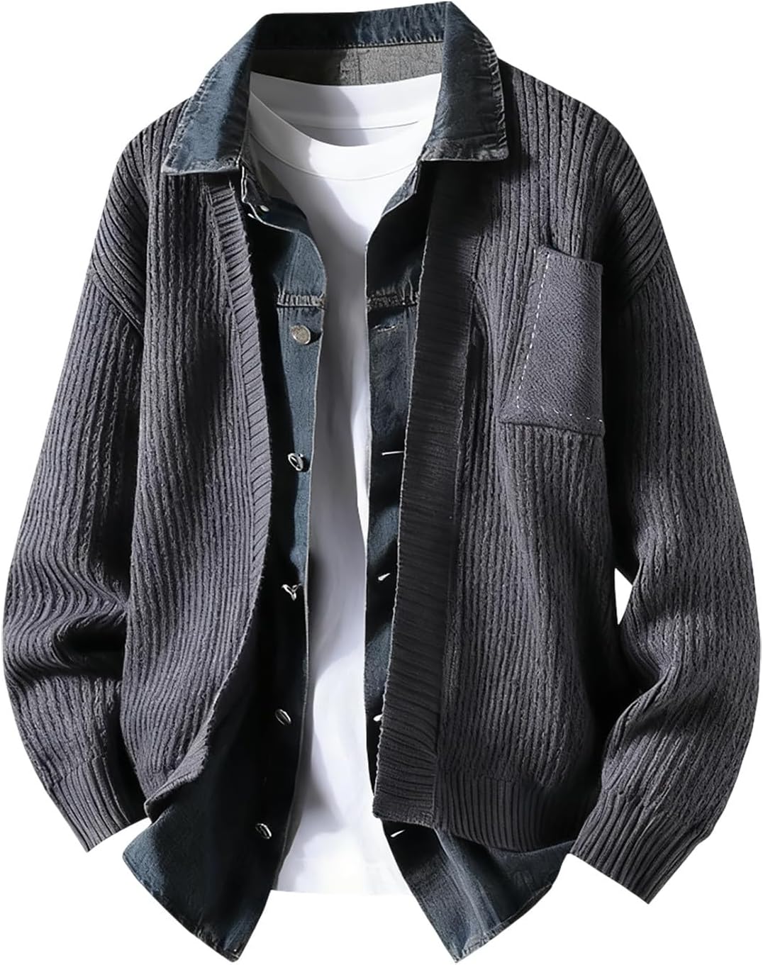Mens Zip-Up Suit Jacket Slim Fit Hiking Jacket Oversized Denim Patchwork Pullover with Collar for Autumn-Winter 2026 Basic
