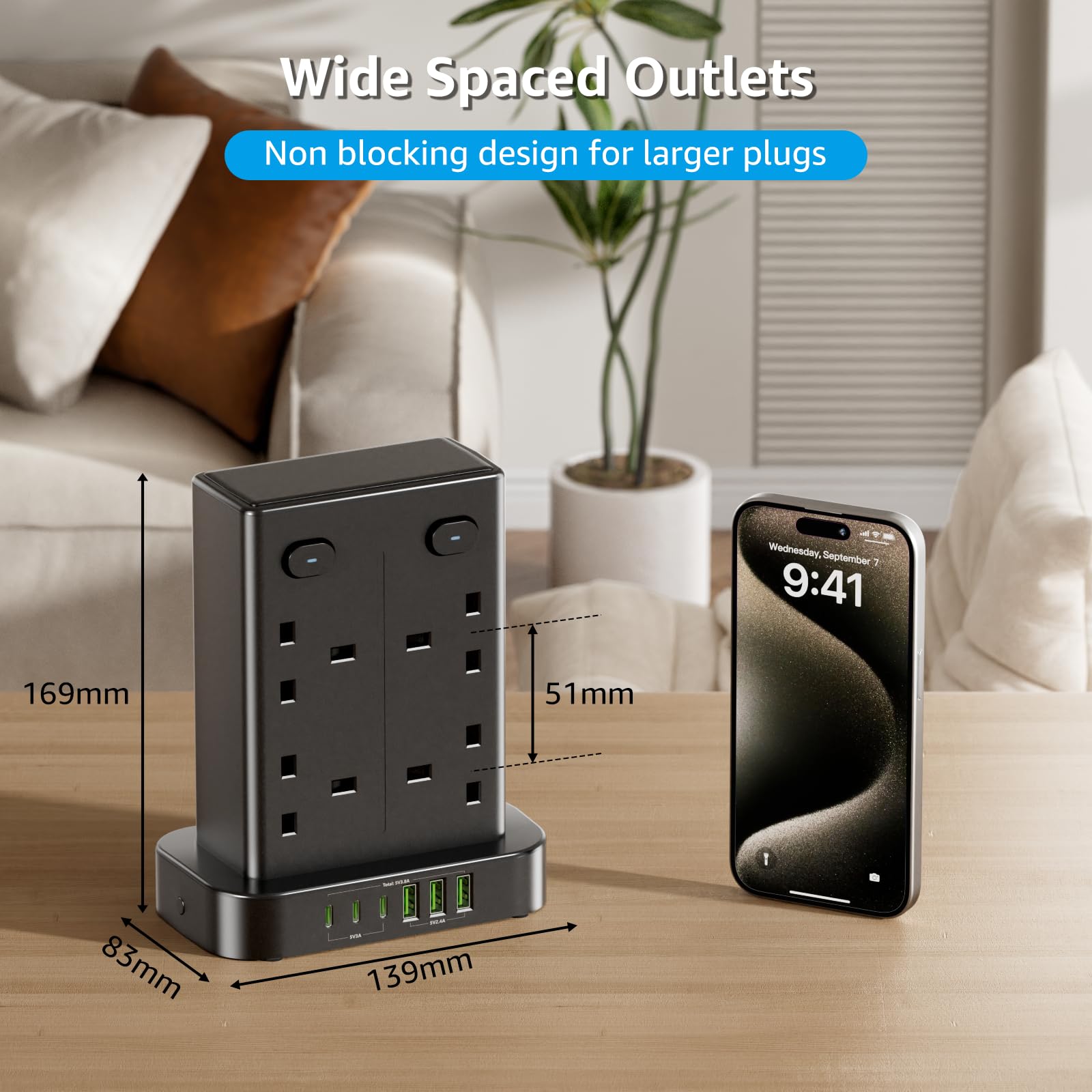 Tower Extension Lead, 8 Way Multi Plug Tower with 6 USB Ports, 1.8M Extension Cable with 4 Independent Switches, Overload Protection Plug Extension Socket 13A 3250W Power Strip Tower for Home Office — view 6