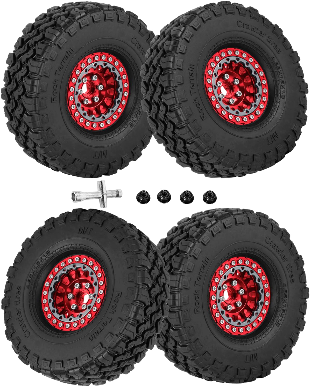 RcarmubWow RC 1.9 Beadlock Wheels and Tires for 1/10 SCX10 III,TRX4 RC Crawler,Alloy Aluminium 1.9 rc Wheels 1.9 rc Rims w/ 1.9 Beadlock Tires Trunk Tires,Red &Titanium