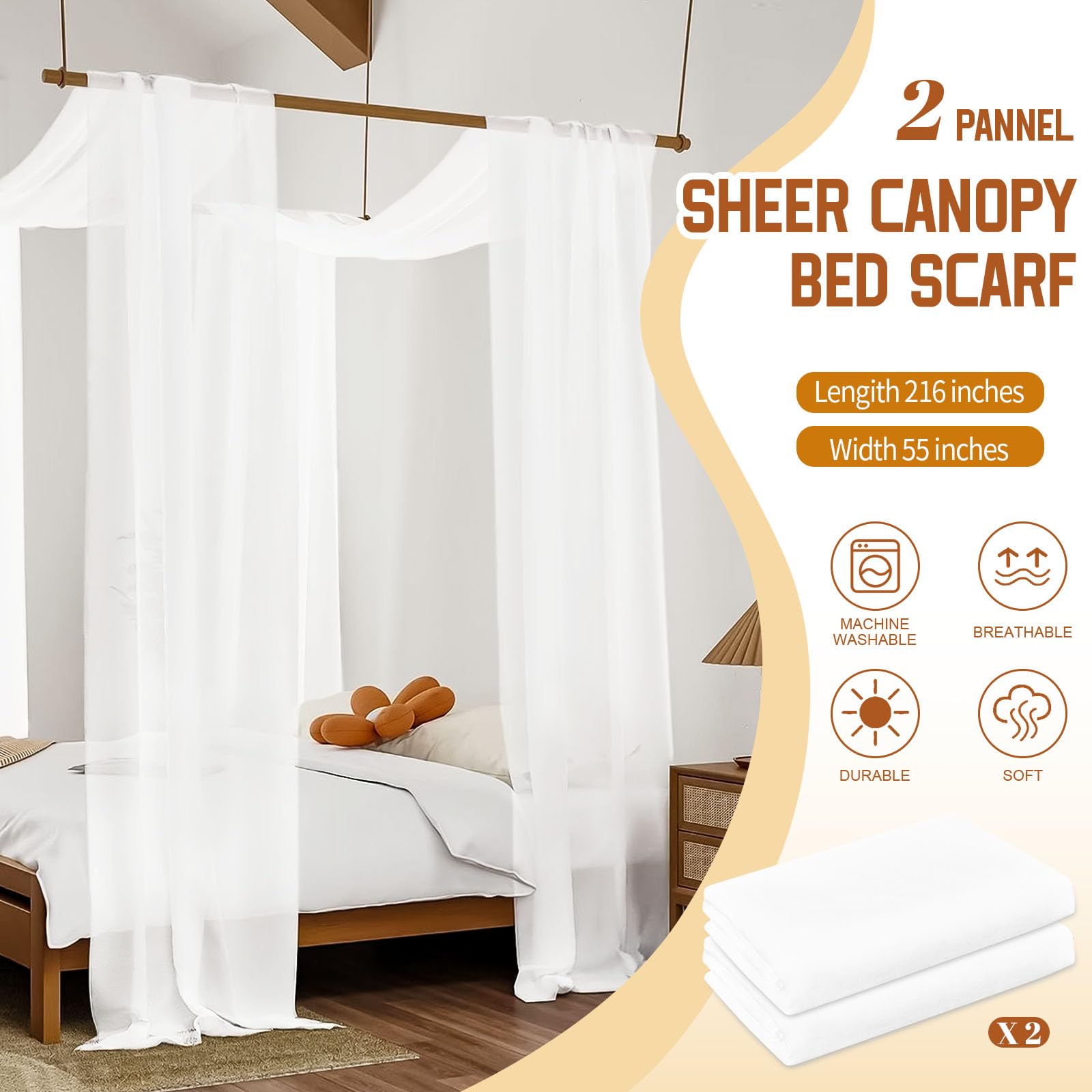 Showgeous Lot de 2 rideaux à baldaquin blanc de 140 x 548 cm pour cadre de lit double/grand lit, rideaux de lit transparents, voilages en tulle