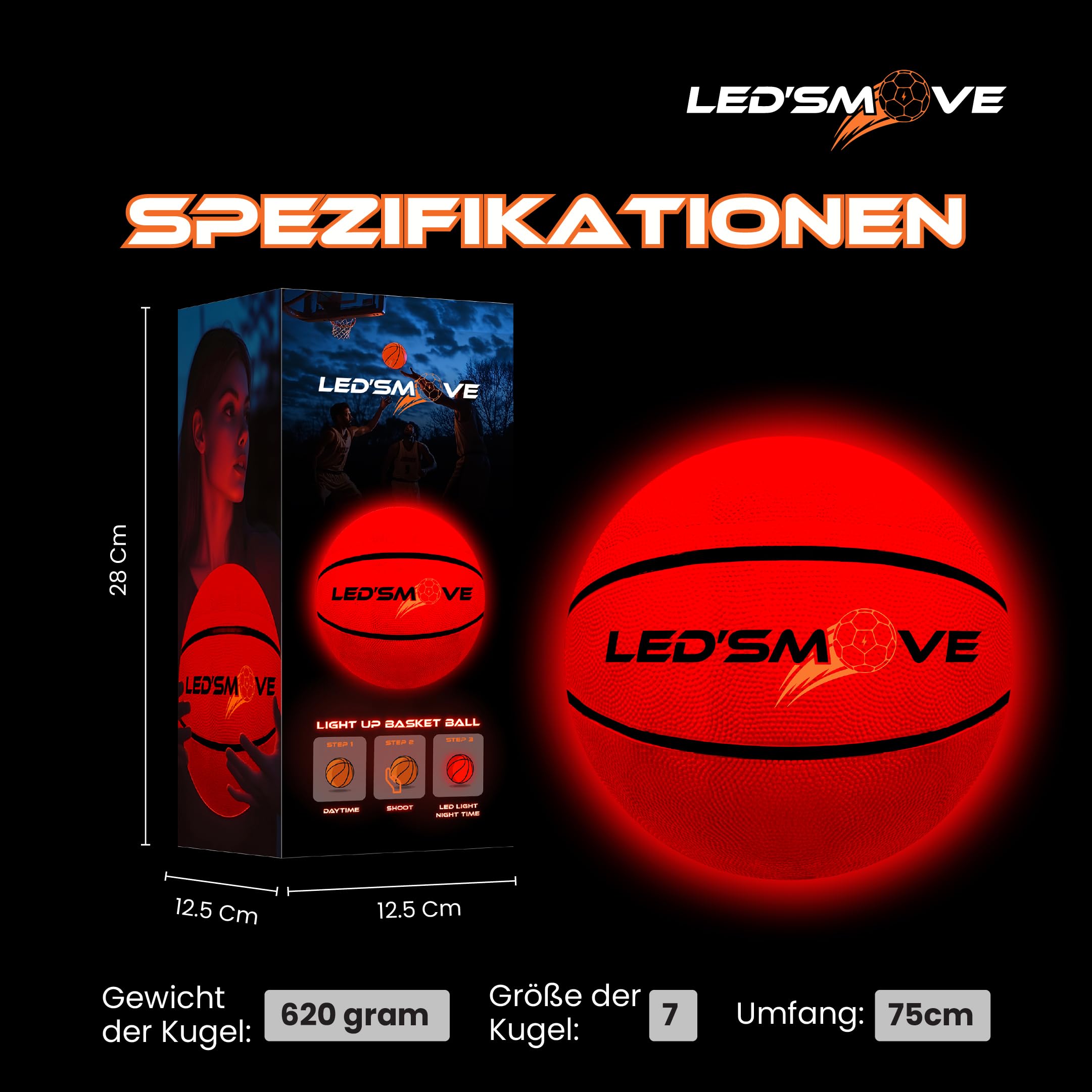 LED'S Move LED Leuchtender Basketball Outdoor Größe 7, leuchtende Spiele im Dunkeln, Leucht Ball Indoor and Outdoor Größe 7 USB Wiederaufladbar