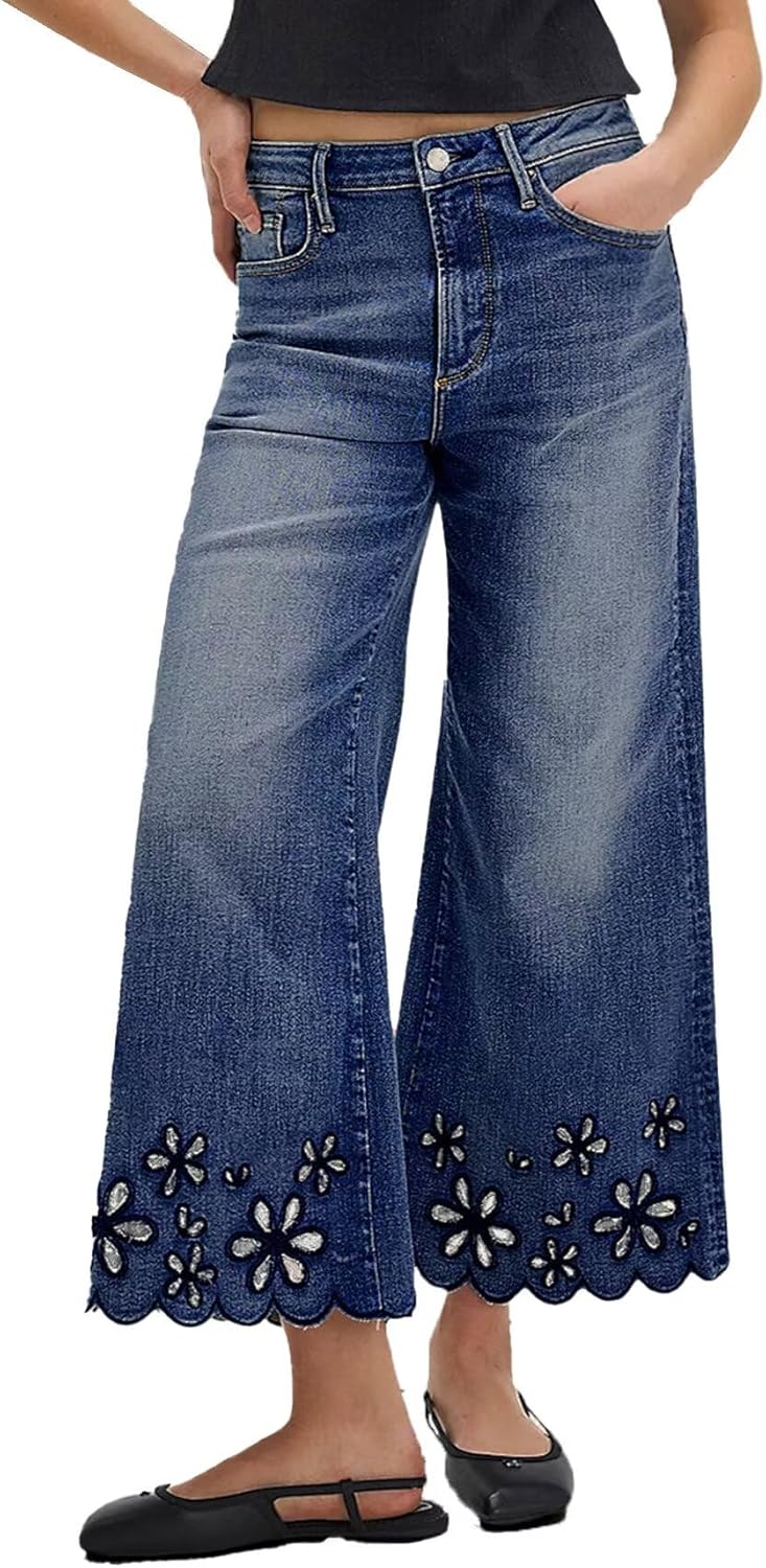 Flamingals Women's Floral Embroidery Wide Leg Jeans Mid Rise Strechy Casual Trendy Denim Cropped Pants