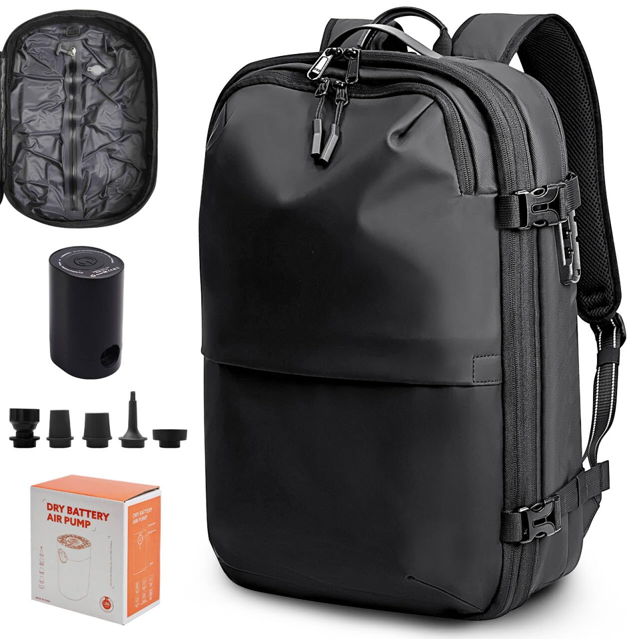 Vacuum Backpack Travel Seal Compression: 60 L Vacpack with Electric Air Pump Carry on Expandable Back Pack System for Laptop Hiking Business Water Resistant Lightweight Black