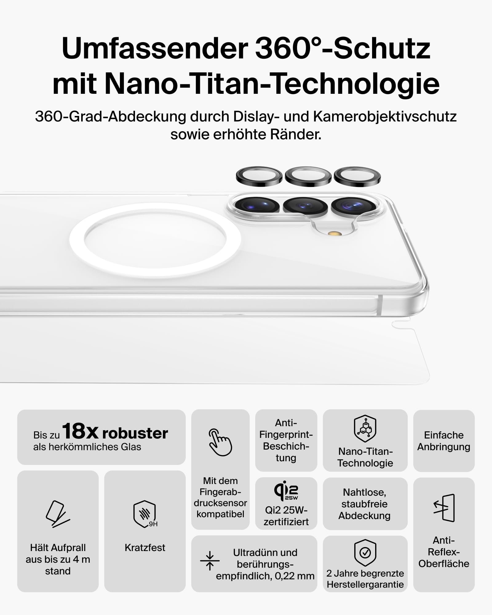 Belkin ScreenForce Titan 3 in 1 Handyhülle für Samsung Galaxy S26, Kratzfeste Schutzfolie und Anti-Reflex Kameraschutz, Folie und Stoßfeste Hülle mit Aufprallschutz bei Aufprall aus 4 m Höhe