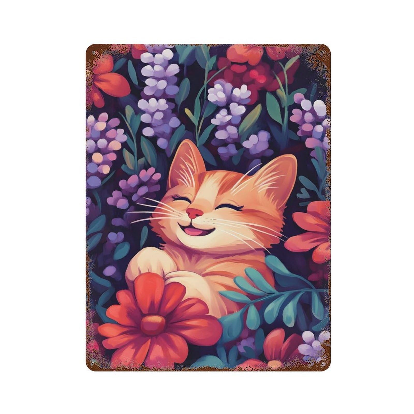 Vintage Rust Metal Sign with Smiling Cat in Flowers Design 15.7"x11.8", for Shed, Workshop And Garage Wall Decor, Classic Wall Plaque