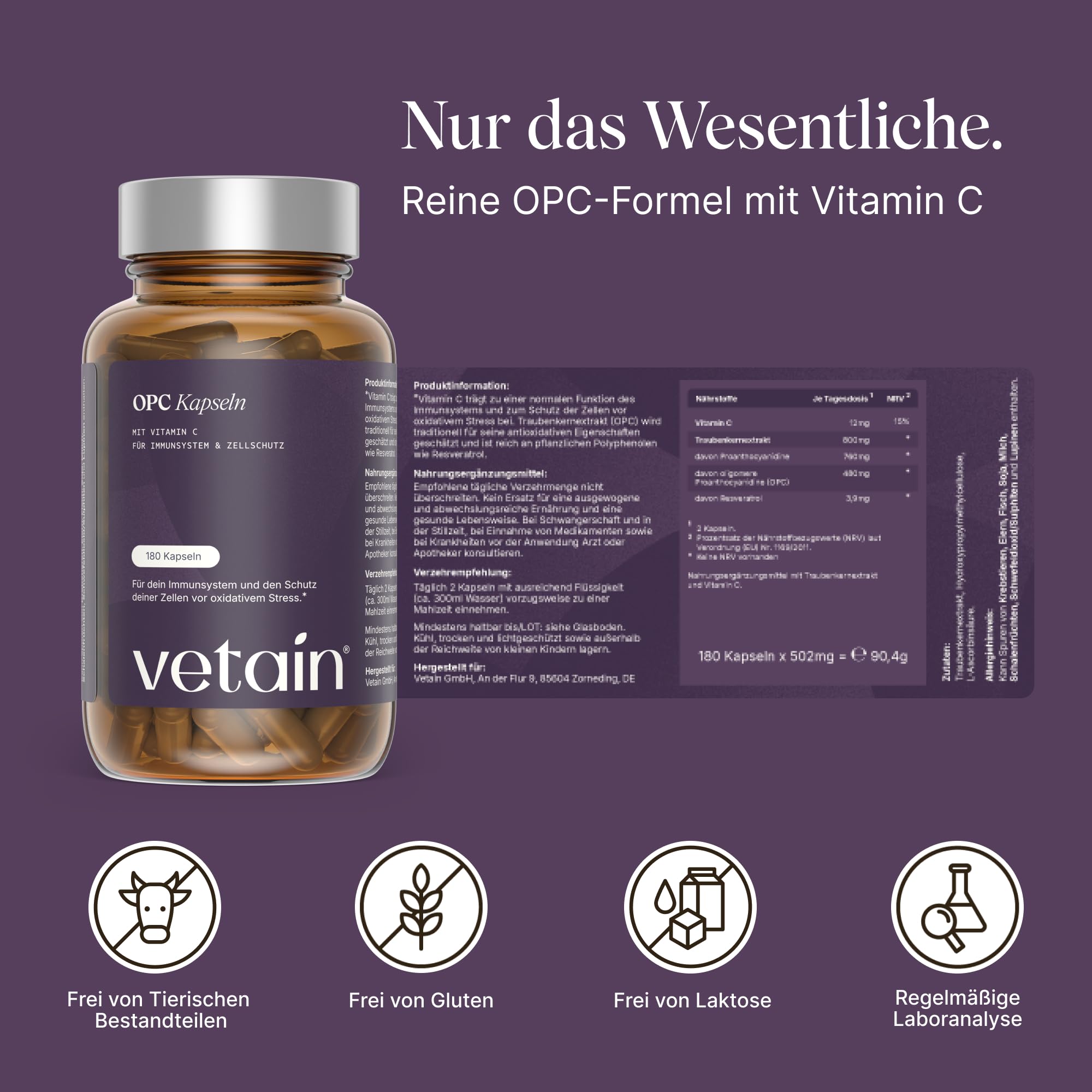 VETAIN OPC Traubenkernextrakt - 180 Kapseln - hochdosiert 800mg Extrakt mit Vitamin C & Resveratrol - HPLC laborgeprüft - aus französischen Trauben - vegan & produziert in Deutschland