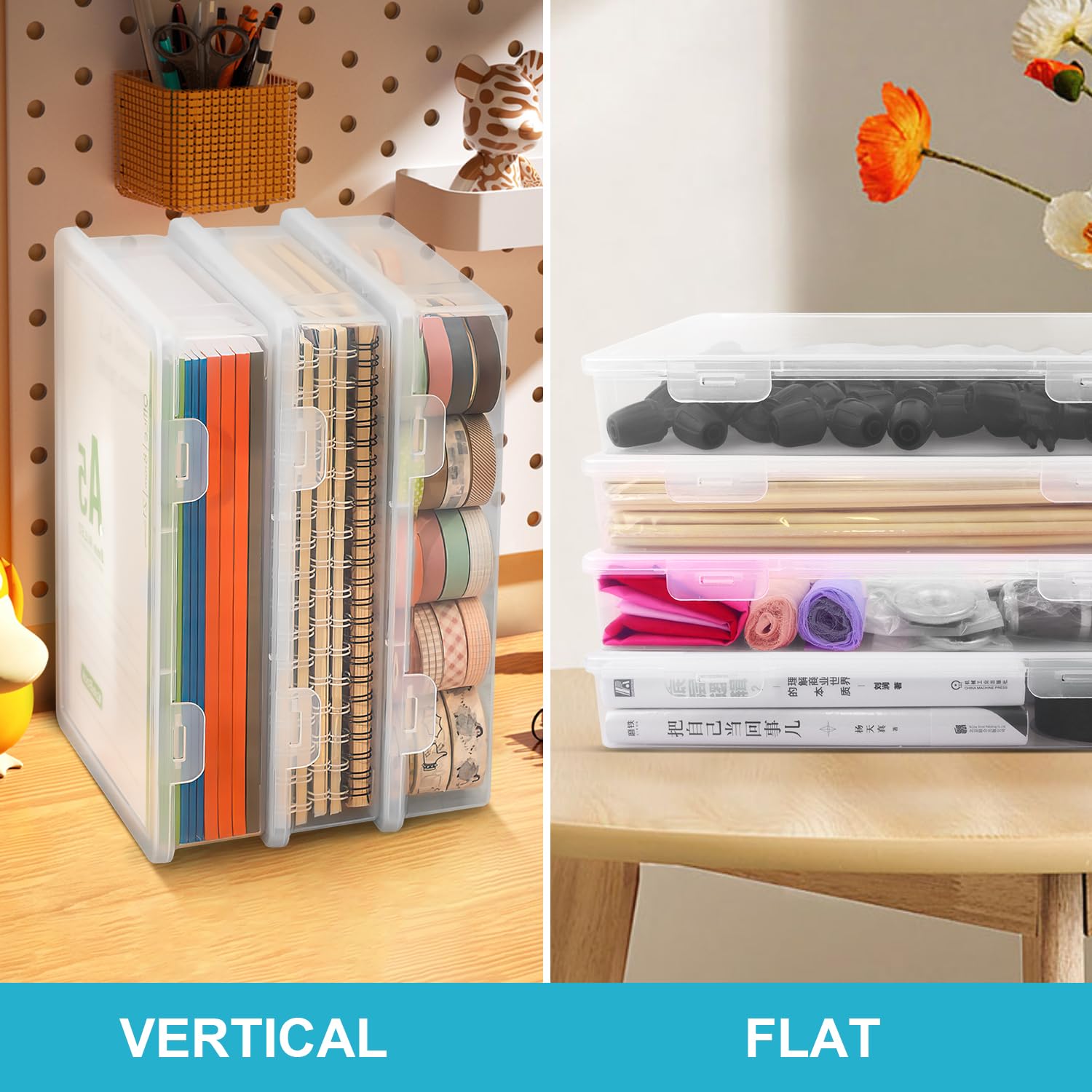 ENUTROF Pudełka na pliki przezroczyste 32 x 22,5 x 5 cm 4szt. Prostokątne pudełka plastikowe z klapką do przechowywania książek, papieru do scrapbookingu, czasopism