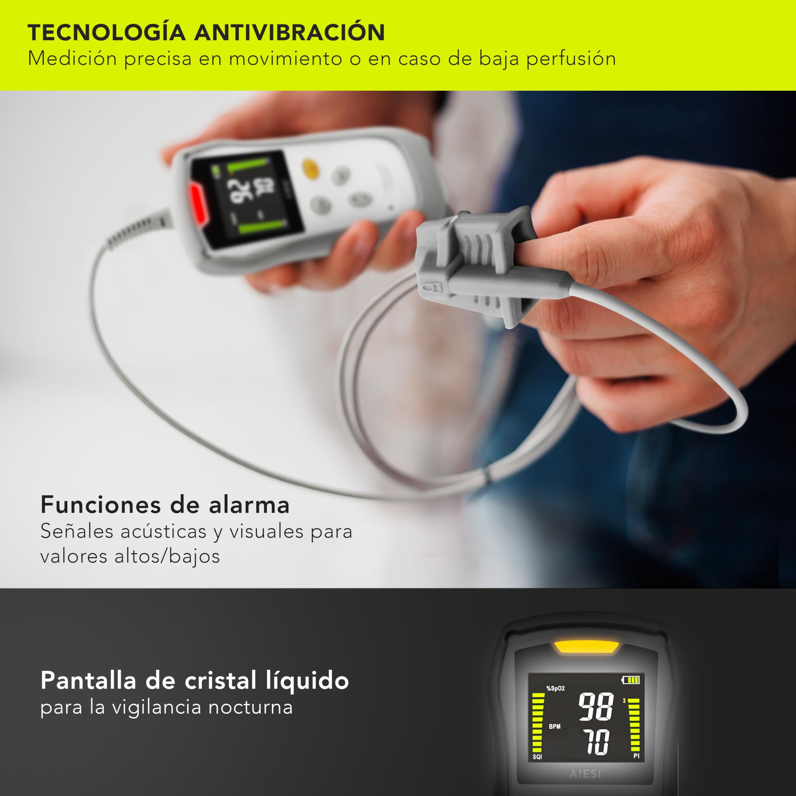 AIESI® Oxímetro de dedo Portátil profesional con pantalla a color y sonda anti-movimiento para adultos A3, Extremadamente preciso, Batería de litio, Carcasa de protección, Garantía 24 meses