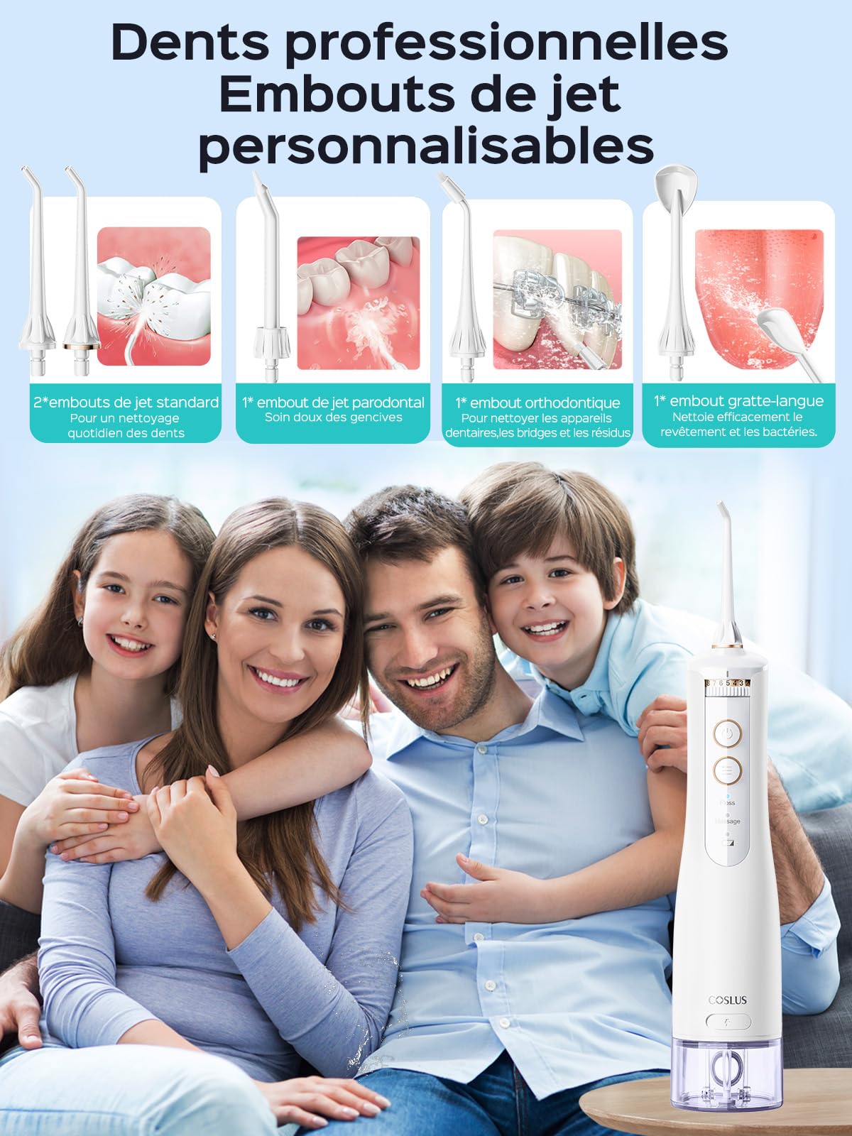 COSLUS Hydropulseur jet Dentaire Portable Dentaire Irrigateur Oral, 300 ML Sans Fil Hydropulseur 10 niveaux de contrôle doux, Rechargeable et Étanche IPX7 Vainqueur du Test, Blanc