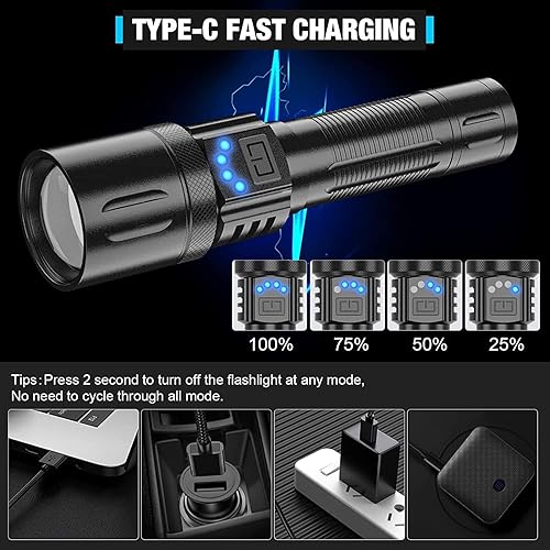 Miniatura 4 de AdamPark Linternas tácticas recargables de alto lúmenes, XHP50.2 10000 Luens pequeña linterna LED, linterna LED de bolsillo, IPX7 impermeable,