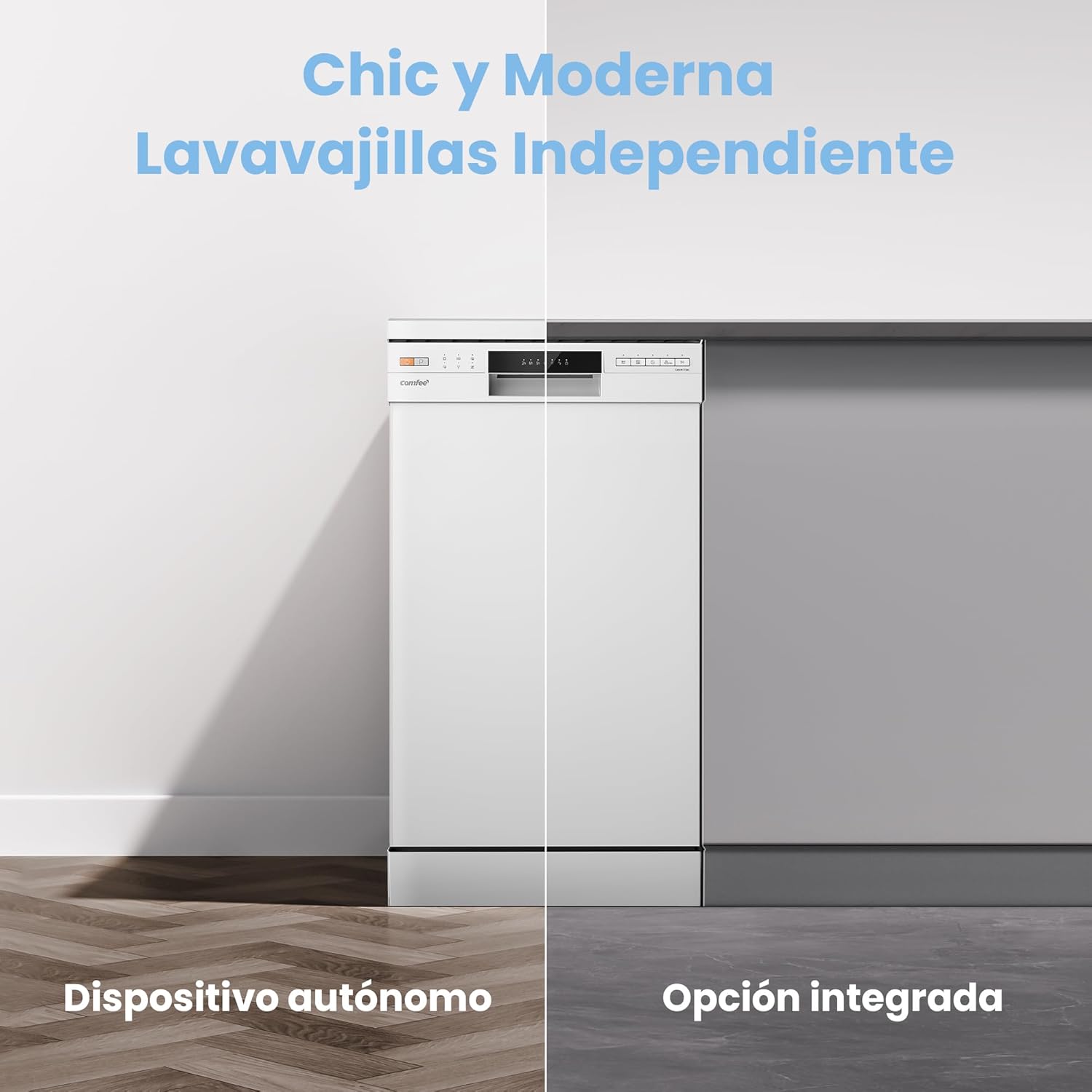 Close-up of dishwasher interior features including adjustable upper basket, versatile cup shelves, cutlery basket, and foldable tines.