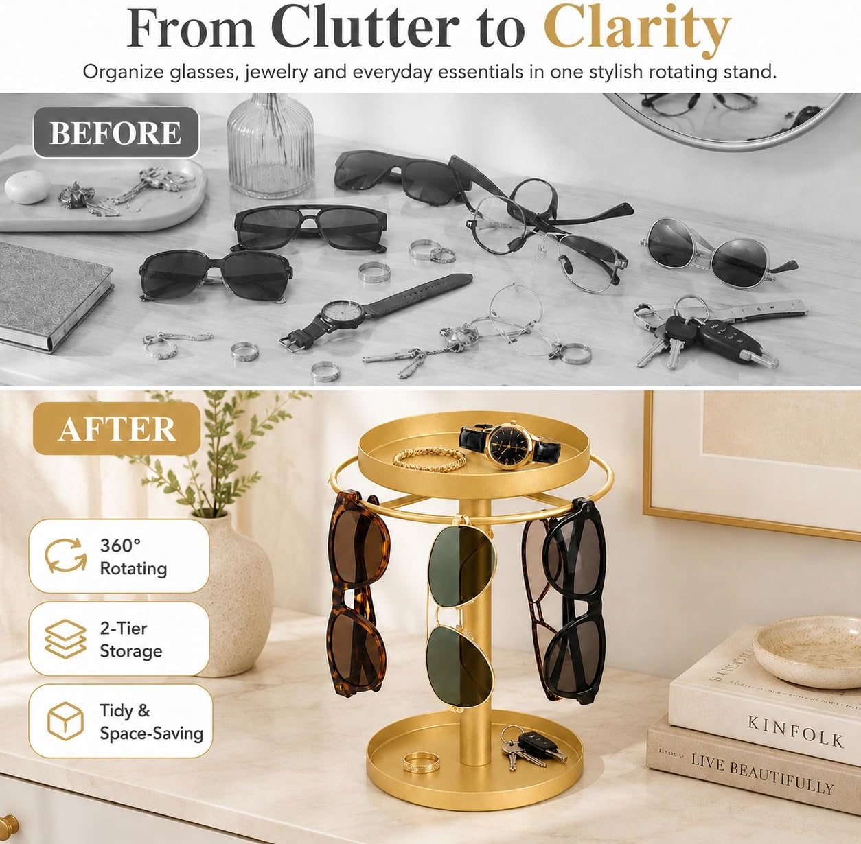 360° Rotating Sunglass Organizer, 2-Tier Metal Glasses Holder Stand with Jewelry Tray & Storage Base, Eyeglass Display Rack for Multiple Sunglasses, Watches, Rings, Keys, Dresser, Desk, Nightstand