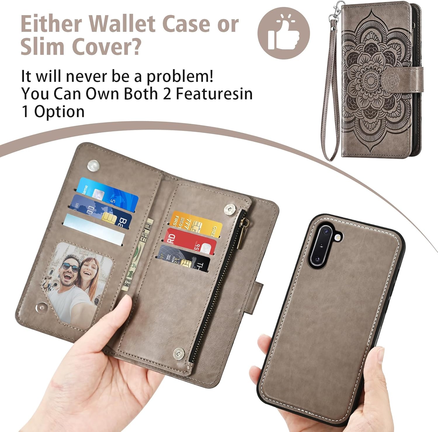 Asuwish Phone Case for Samsung Galaxy Note 10 5G Zipper Wallet Detachable Cell Cover with Tempered Glass Screen Protector Strap Mandala Flower Card Holder Note10 Notes 10s Ten Not S10 Women Girls Gray