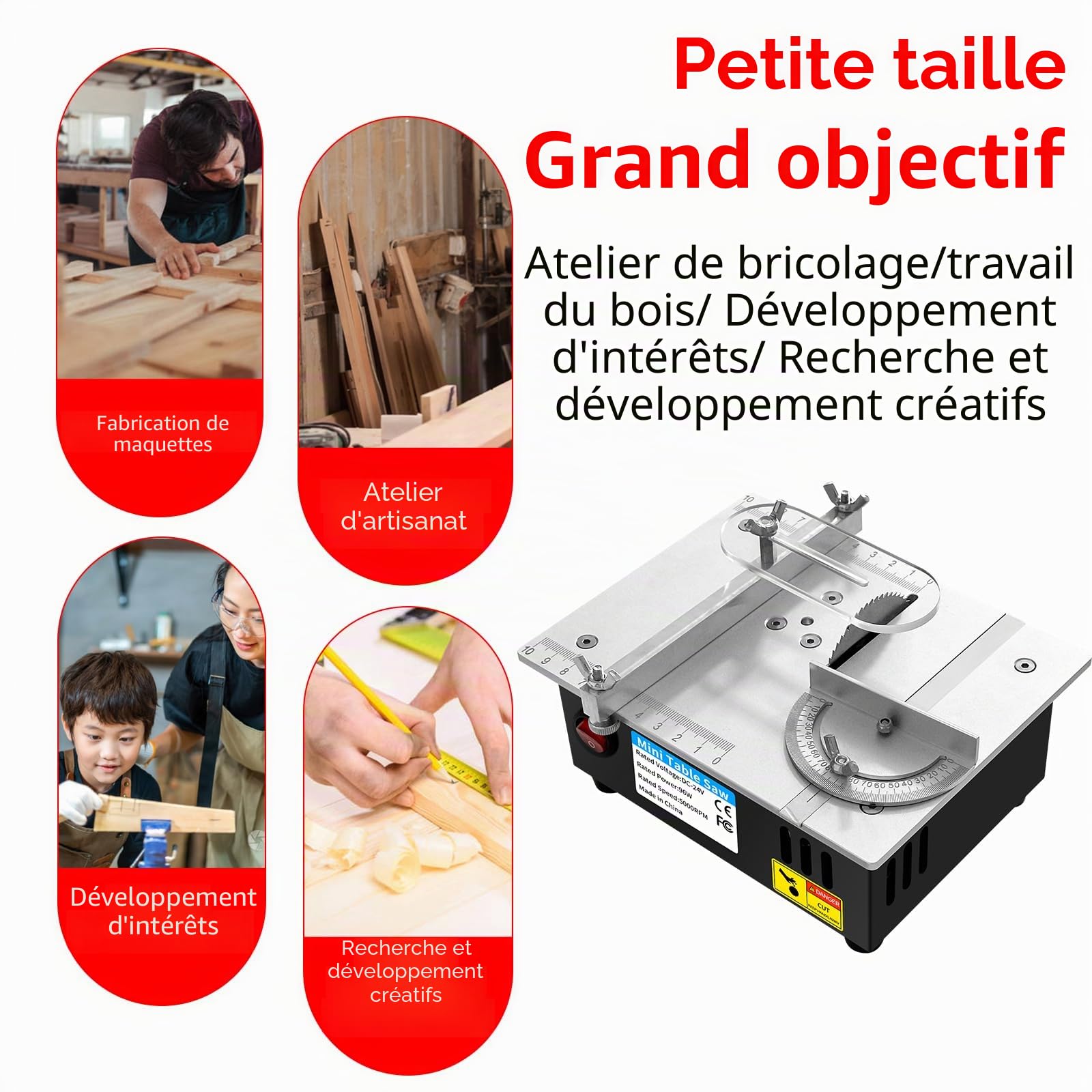 Mini scie circulaire de table multifonction 96 W, 5000 tr/min, avec bloc d'alimentation 7 vitesses, profondeur de coupe 14 mm, scie de table pour bois/PCB/métal, bricolage et modélisme (A)