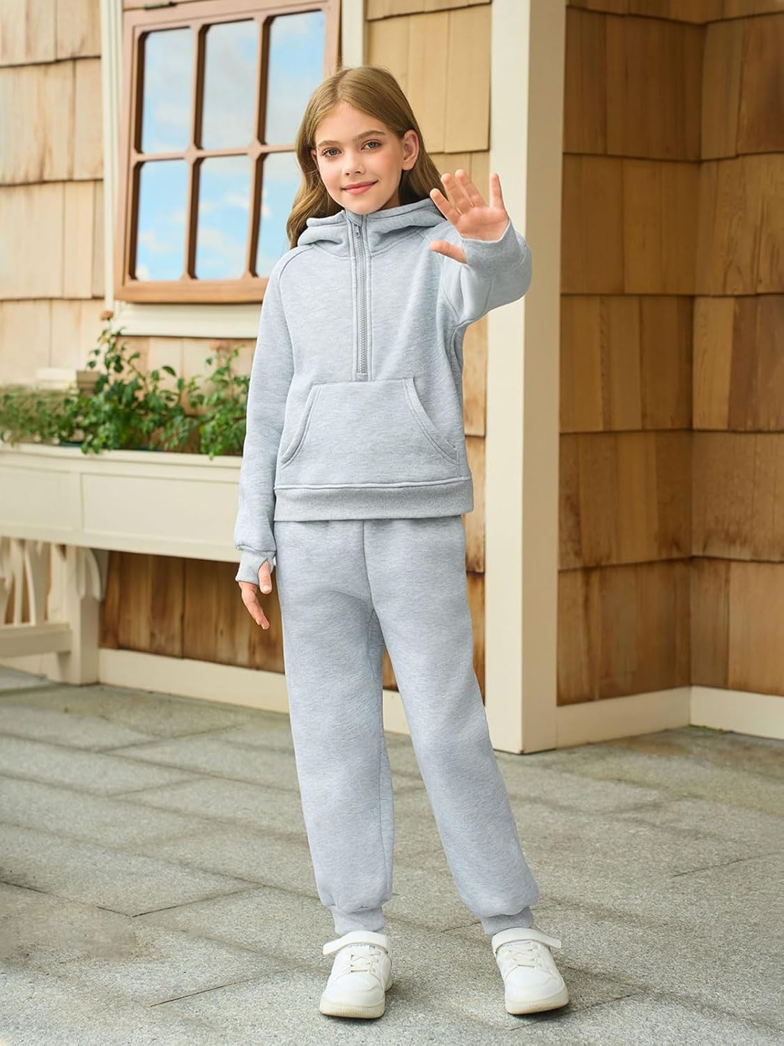 Girls 2 Piece Outfits Sweatsuit Kids Fleece Half Zip Hoodies Sweatshirt and Sweatpants Set with Pockets - Image 3