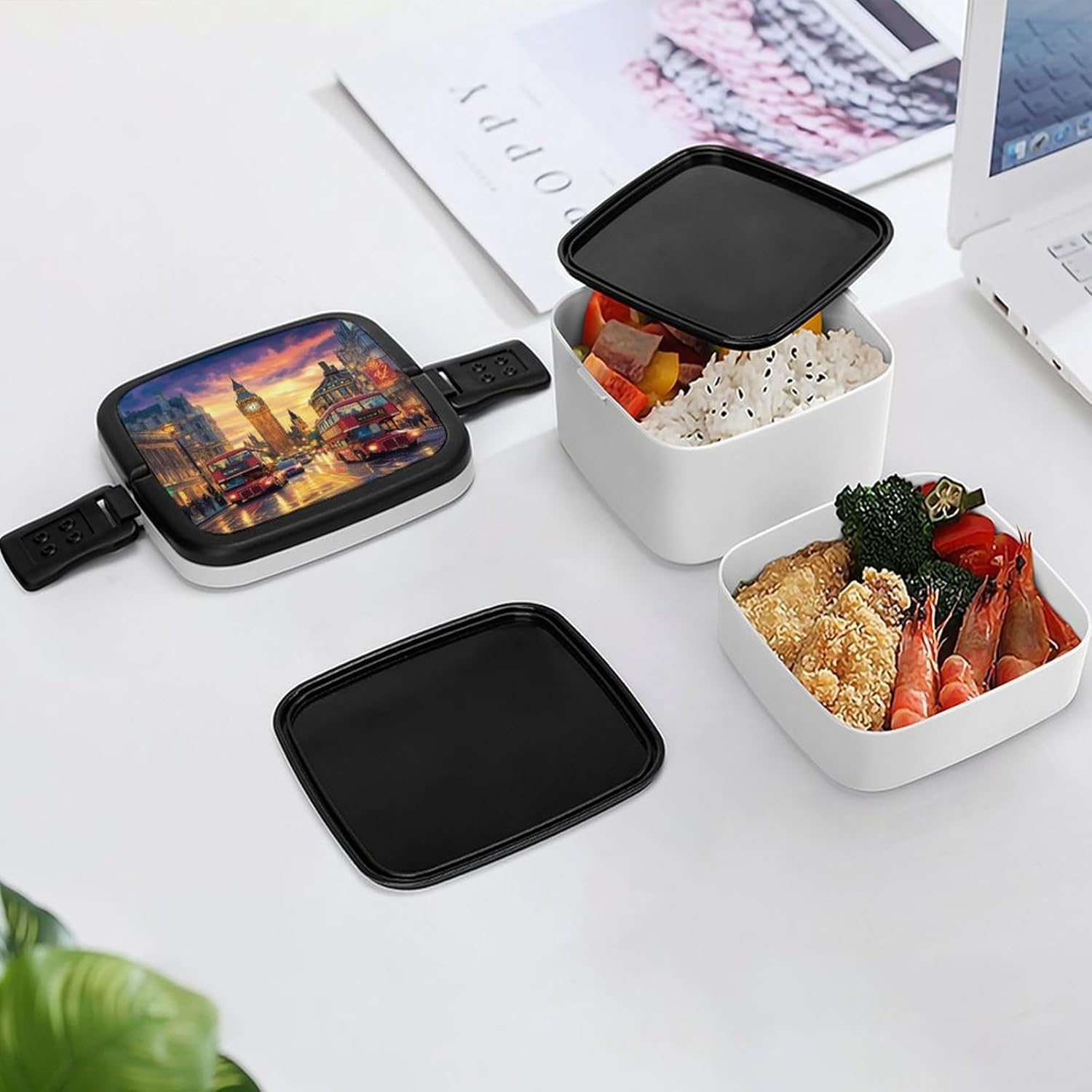 London Britain England Bento Box with Spoon 2 Layer Food Container Cute Lunch Box for Travel Dining Work
