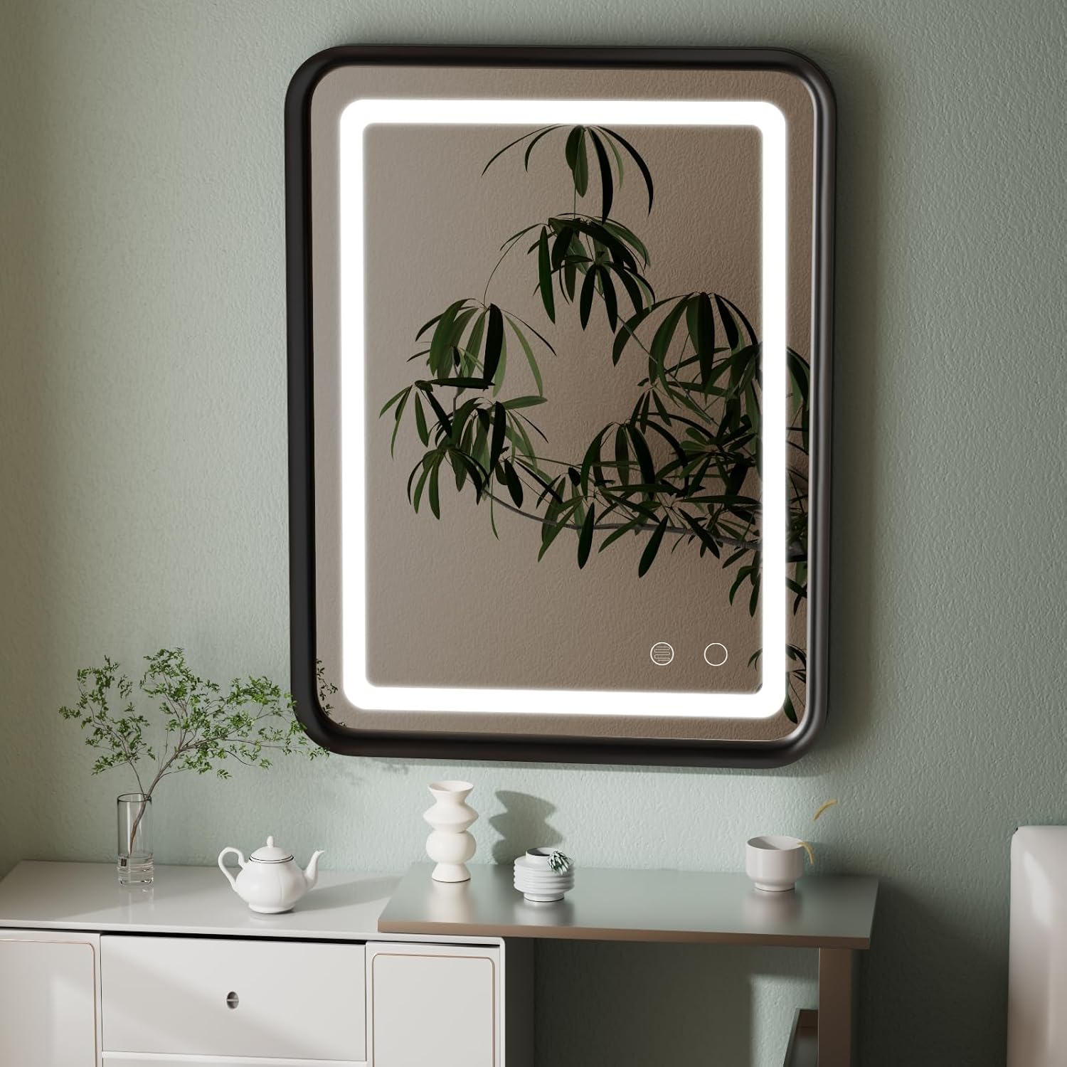 40"x 30" Wood Frame LED Bathroom Mirror with Light, Lighted Bathroom Mirror Anti-Fog Dimmable Black Deep Wood Frame Vanity Mirror, Rounded Corner Rustic Farmhouse LED Mirror for Bathroom