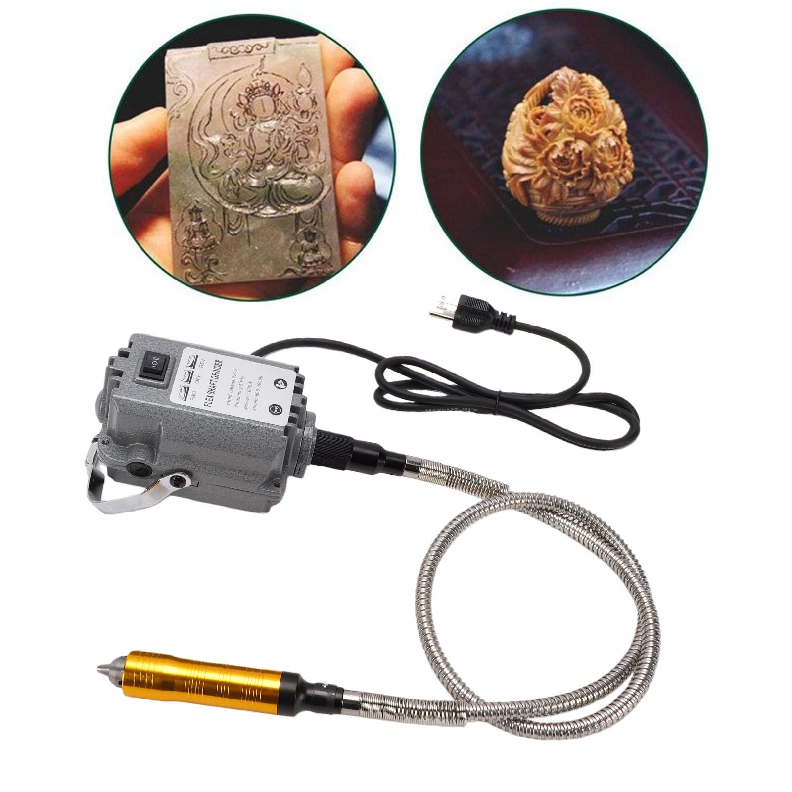 Garosa Herramienta Rotativa Eje Flexible Molinillo Colgante Eléctrico Máquina de Grabado Motor de Cobre de 1000 W 30000 RPM Velocidad Variable con Pedal para Joyería Metal Tallado en (Enchufe de la