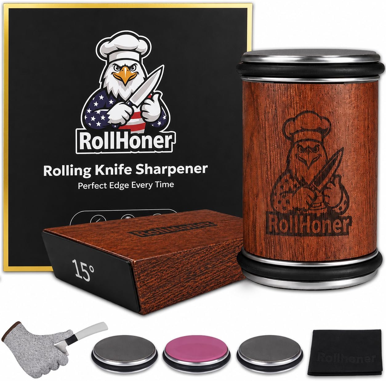 Rolling Knife Sharpener, 3-Disc Magnetic Knife Sharpening Kit | Diamond knife sharpener roller with #400/#1000 diamond and #3000 ceramic discs; 15°/20° magnetic guides for kitchen knives