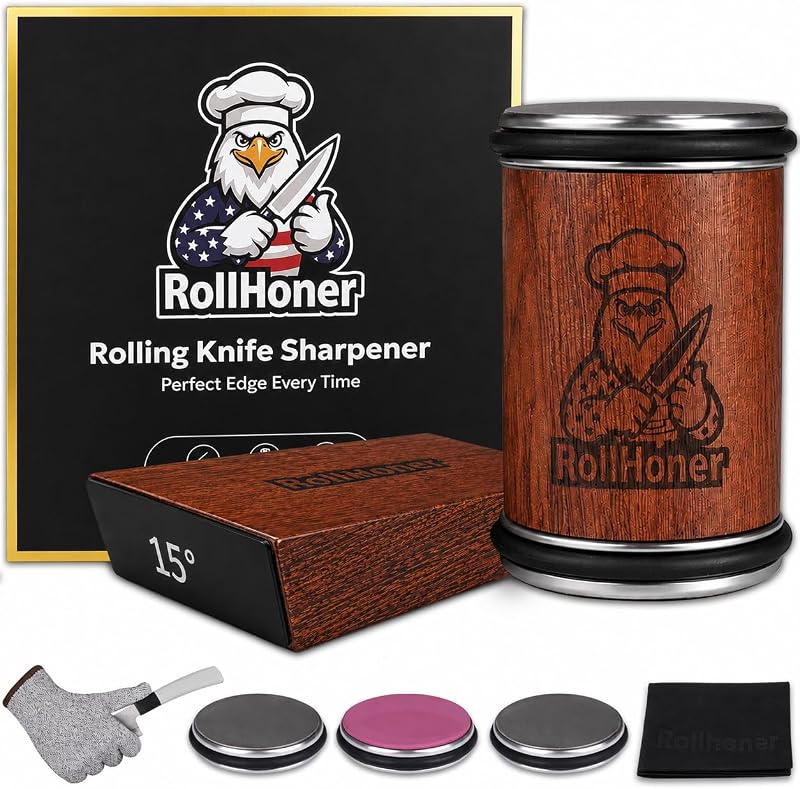 Rolling Knife Sharpener, 3-Disc Magnetic Knife Sharpening Kit | Diamond knife sharpener roller with #400/#1000 diamond and #3000 ceramic discs; 15°/20° magnetic guides for kitchen knives