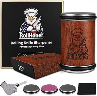 Rolling Knife Sharpener, 3-Disc Magnetic Knife Sharpening Kit | Diamond knife sharpener roller with #400/#1000 diamond and #3000 ceramic discs; 15°/20° magnetic guides for kitchen knives