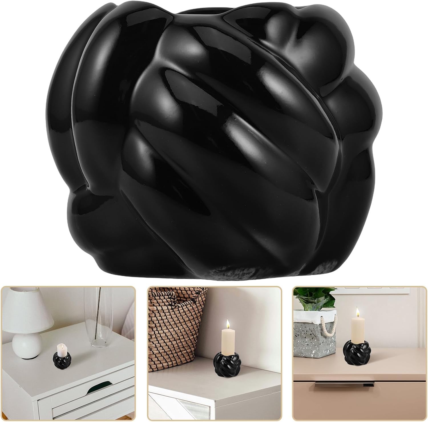 Mikinona Candle Holder and Christmas Decor Ceramic Modern for Taper Candles Black with Decorative Thread Spool-Shaped Base Easy to Clean for Dining Table Centerpiece