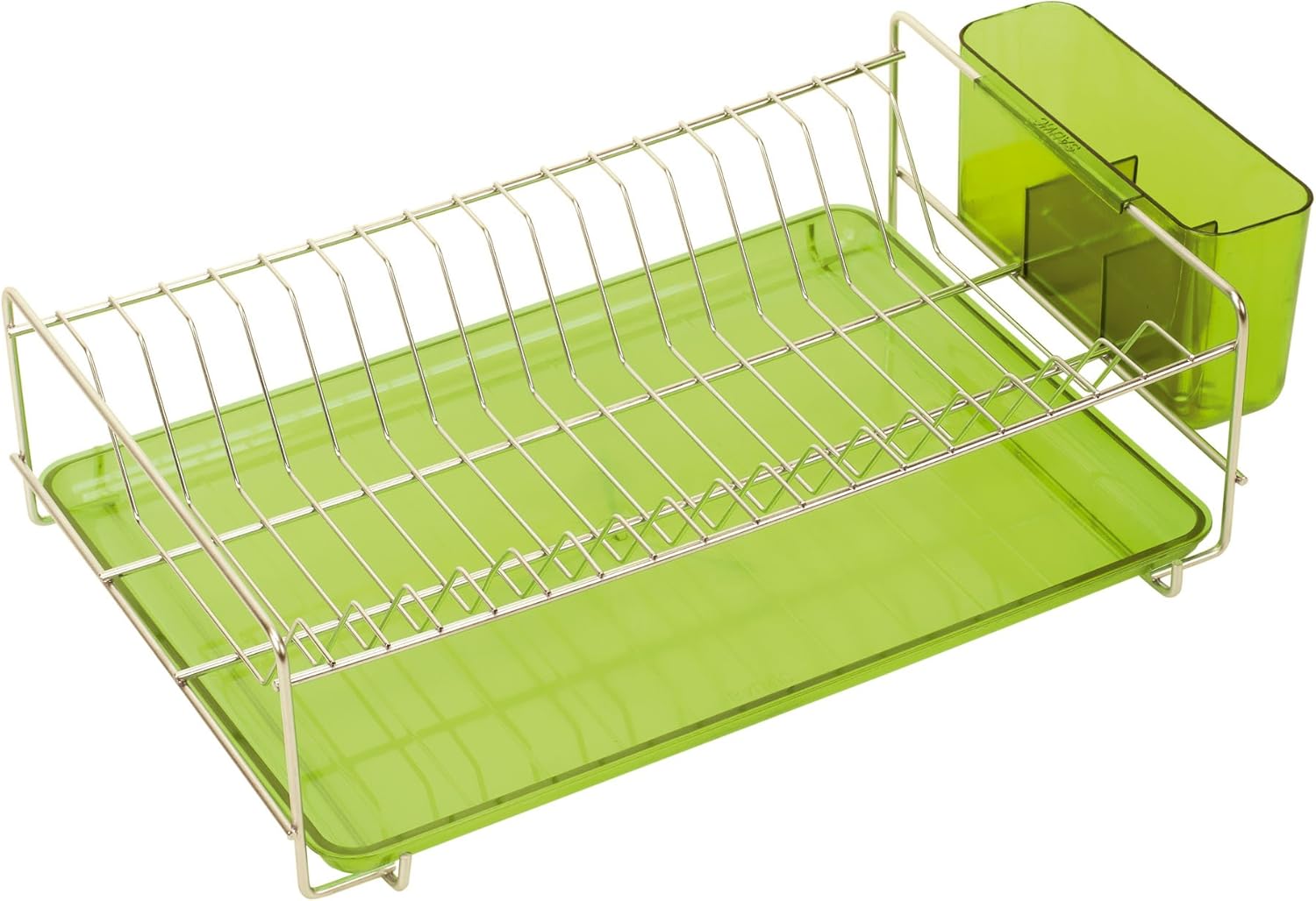 91030 - Dish Drainer, Flat, 38,5 x 25 x 12 cm, in Stainless Steel, with Green Tray