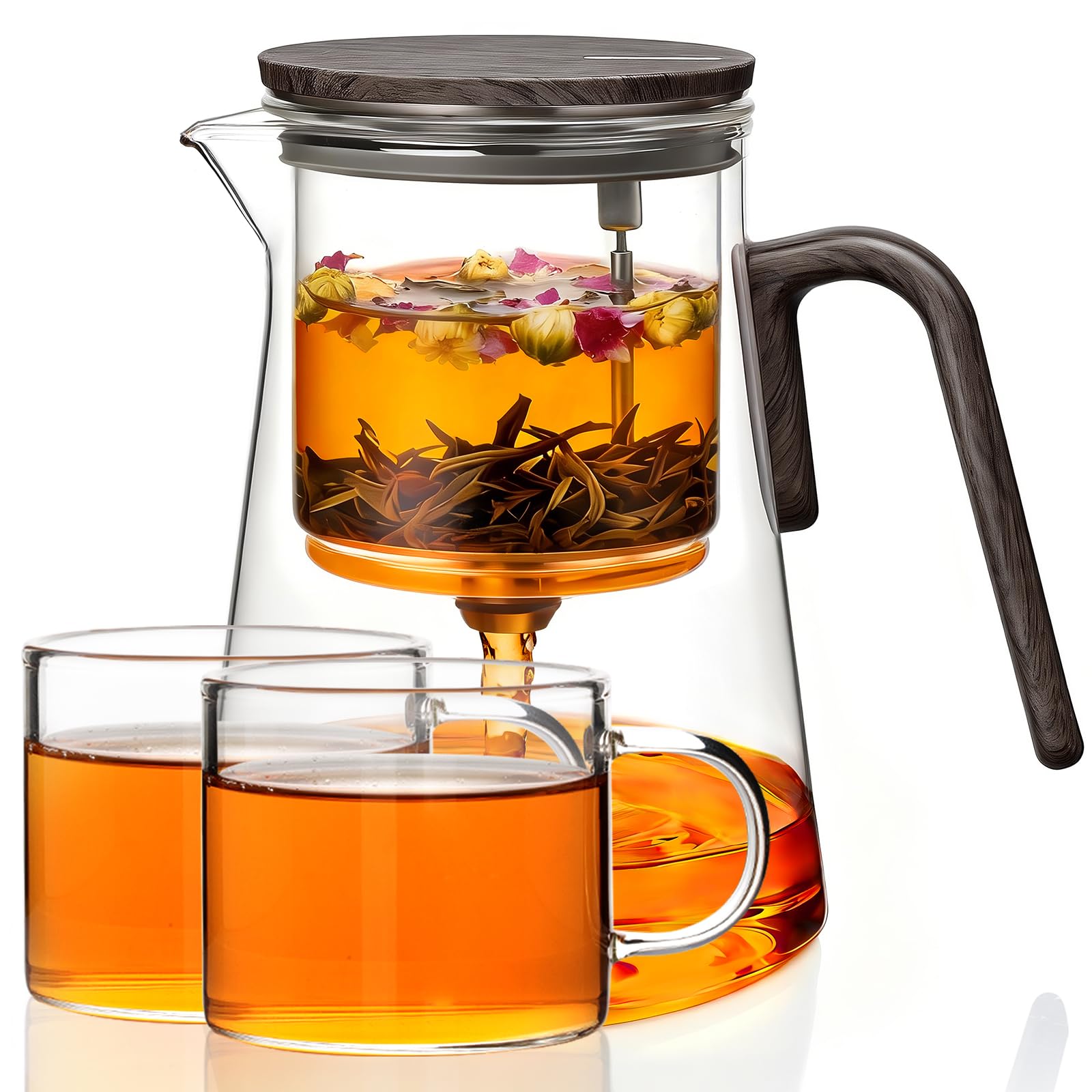 ZENS Magnetic Glass Teapot with Infuser, 1000ml Magic Tea Infuser Pot with Magnetic Lid and 2 Cups Set for Mess-Free Loose Tea Diffusers, Enchanted Tea Pot, Herbal Tea Lovers Gifts