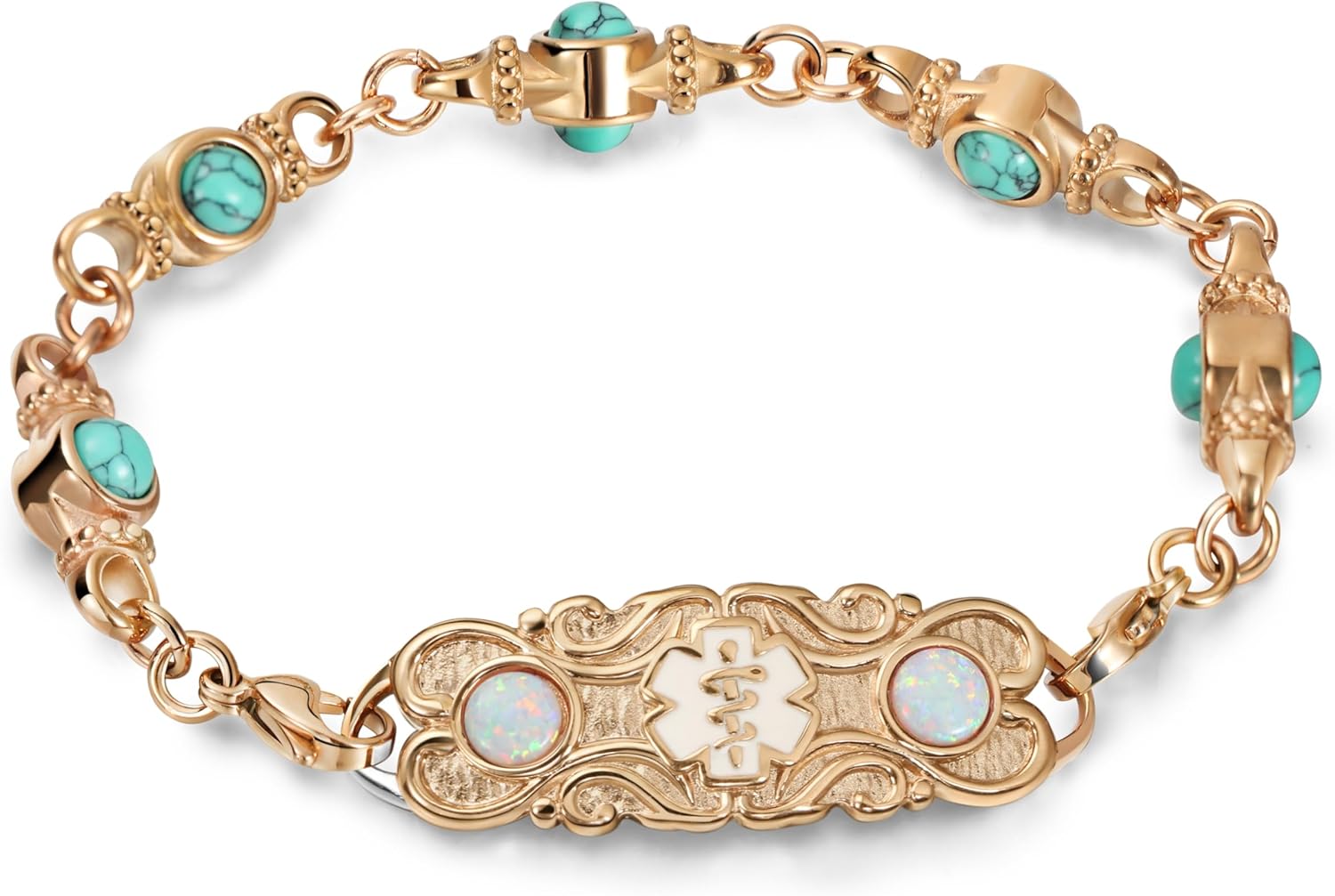 Custom Elegant Medical Alert Bracelets for Women with Luxury Turquoise Stone,Laser Engraving Personalized Emergency Identification Opal Stone Medic ID Bracelet Handmade Jewelry