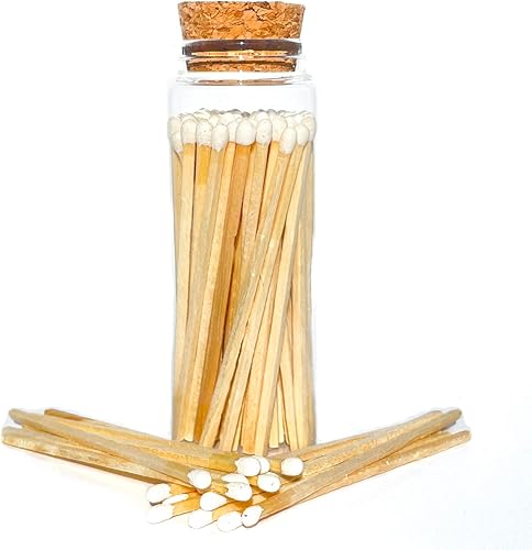 Tarro de cristal con punta de color con punta de corcho, fósforos de madera - (blanco), 65 unidades de fósforos de seguridad de 3.75 pulgadas