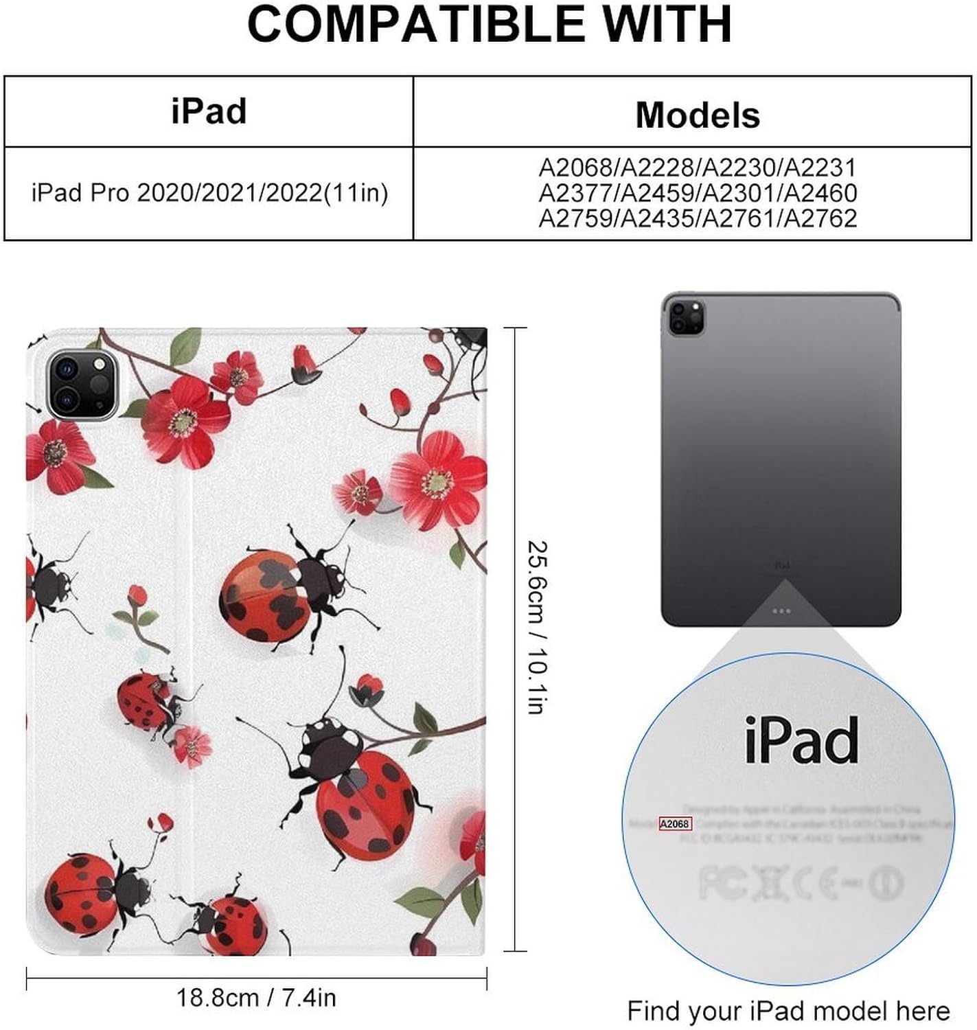 Ladybugs with Red Flowers Printed Case Trifold Stand Protective Cover Compatible with IPAD Pro 20/21/22(11in)