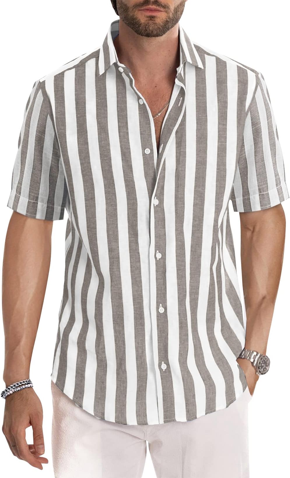 Men's Linen Shirts Casual Long Sleeve Button-Down Striped Dress Shirt