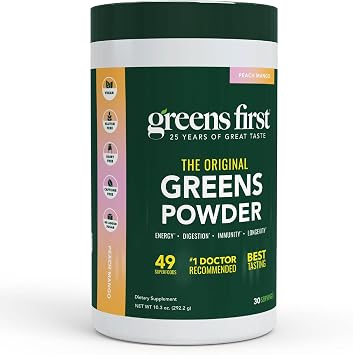 Greens First Original Greens Powder, Peach Mango, 30 Servings | 49 Superfoods, Organic Fruits & Veggies, Probiotics & Digestive Enzymes, Antioxidant Smoothie, Dairy Free, Vegan & Non-GMO