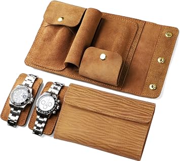 2 Slots Portable Travel Watch Box Full Leather Double Watch Case Pouch Watch Holder Organizer Storage Jewelry Wristwatch Roll Secure Storage Durable Easy Carry On Bark Texture