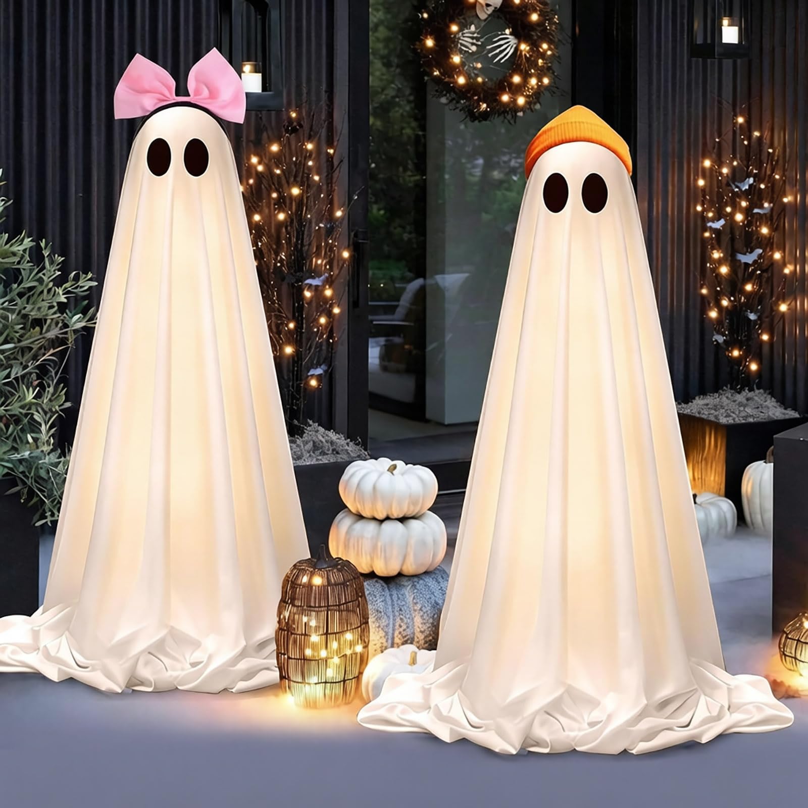 Dekoracje halloweenowe na zewnątrz i wewnątrz, 2 sztuki, świecące urocze dekoracje, DIY, stojący zestaw dekoracyjny z małymi, na podwórka, do ogrodu, na werandę i imprezę, rzeźby ogrodowe (białe