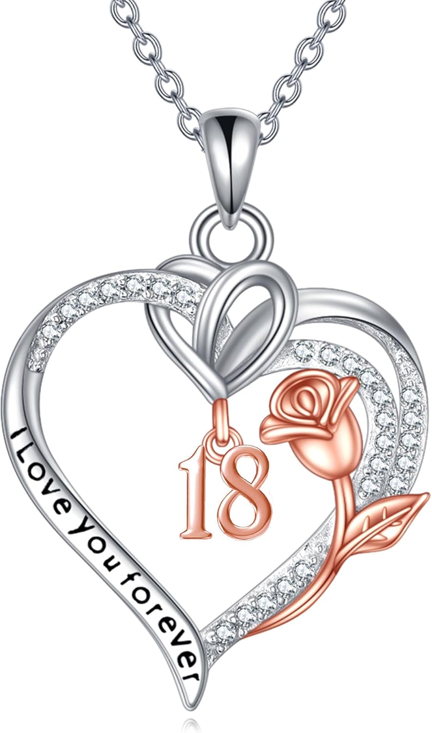 Birthday Necklace Sterling Silver 16th 18th 21th 80th Birthday Pendant Necklace Heart Rose Flower Birthday Jewelry for Women Mothers Day Christmas Gifts