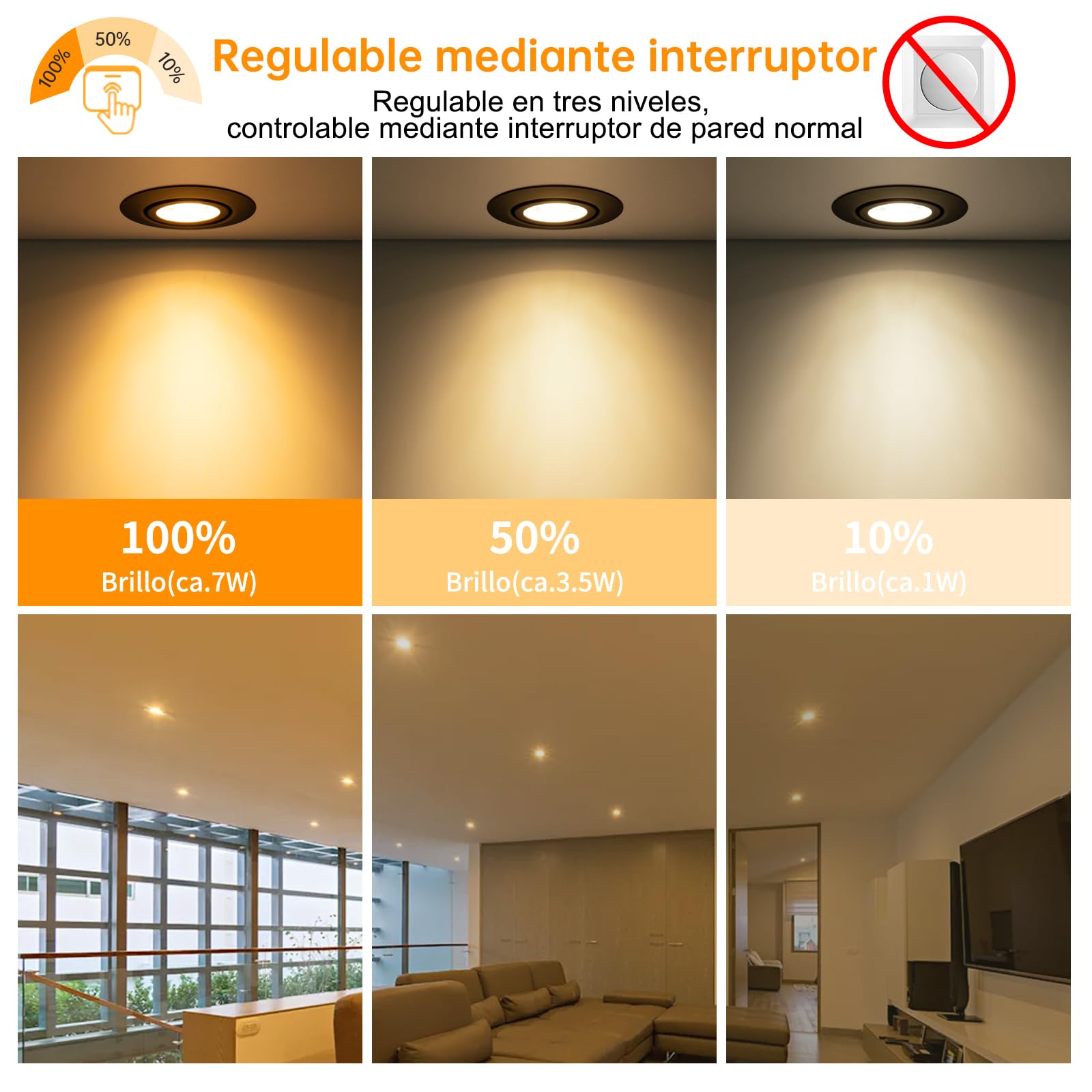 wowatt Downlight LED Empotrable Techo Negro Regulable 7W 2800K, Pack 10 | Bianca Calida 700LM 230V Metal Foco Empotrable Techo Rotable, IP44 Ojos de Buey LED Extraplano para Baño, Corte 68-75mm