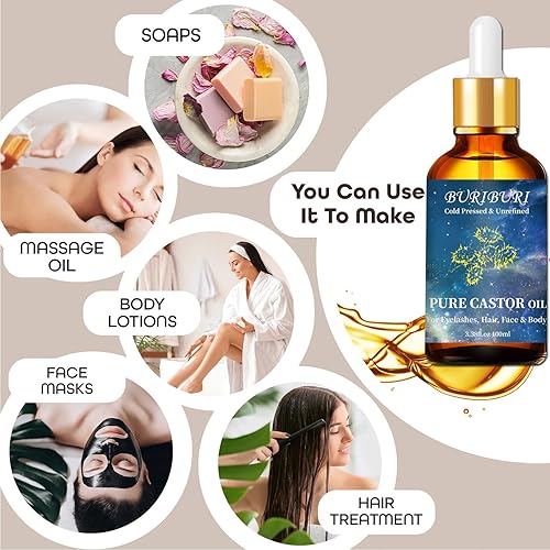 Miniatura 6 de BURIBURI Aceite de Ricino Puro con Kit de Aplicador, 100% Puro, Orgánico, Prensado en Frío, Aceite de Ricino Natural 100 ml3.38 fl.oz