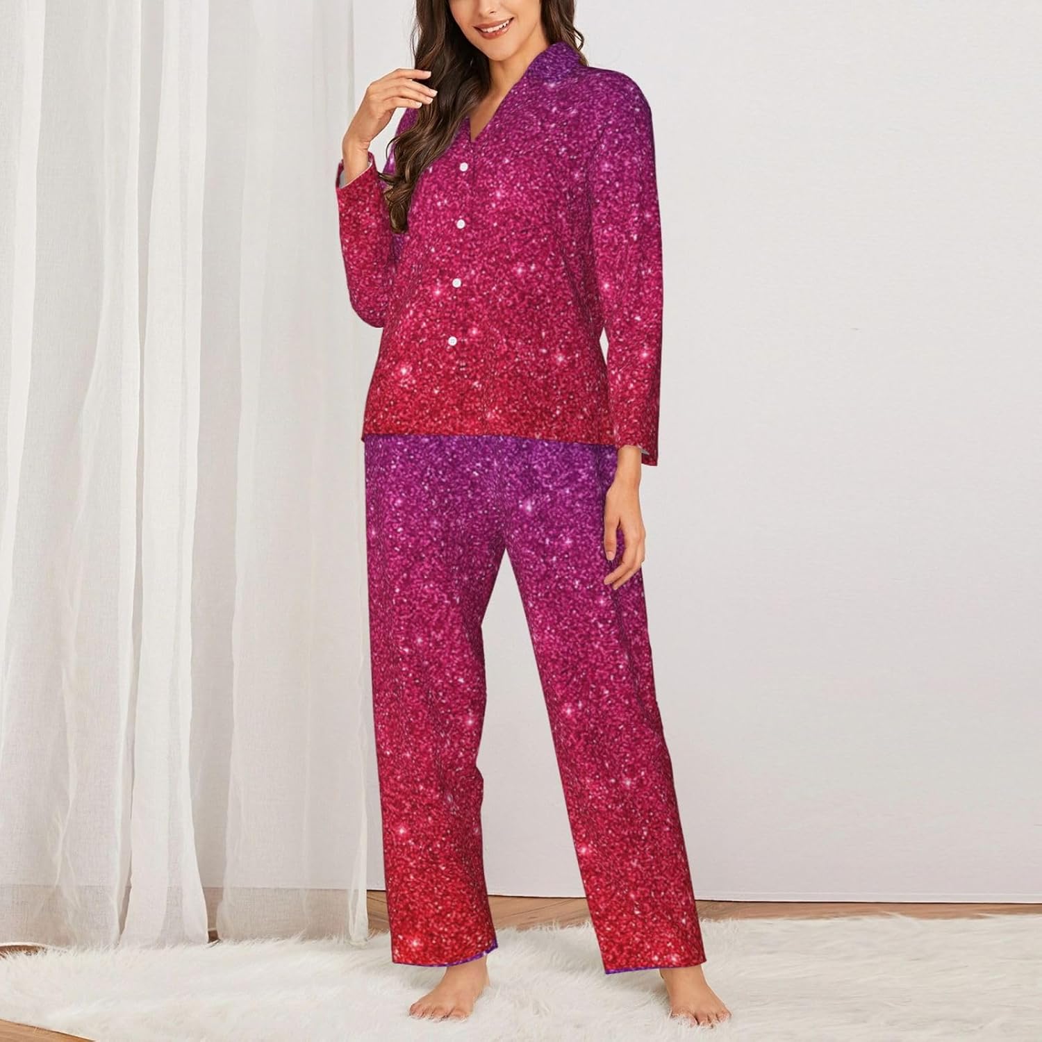 JBYJBX Set pigiama a maniche lunghe classico con stampa scintillante con  paillettes sfumate per le donne durevole indumenti da notte e loungewear,  Nero, S : Amazon.it: Moda