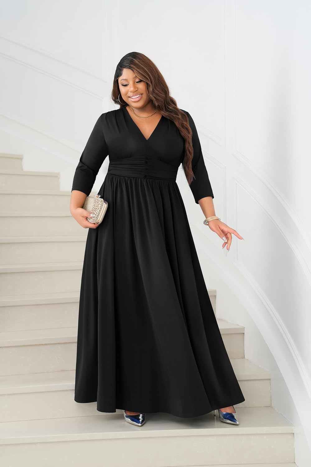 Runwind Plus Size Maxi Dress for Curvy Women 3/4 Long Casual Wedding Guest Dress with Pockets Black 1XL - Image 3
