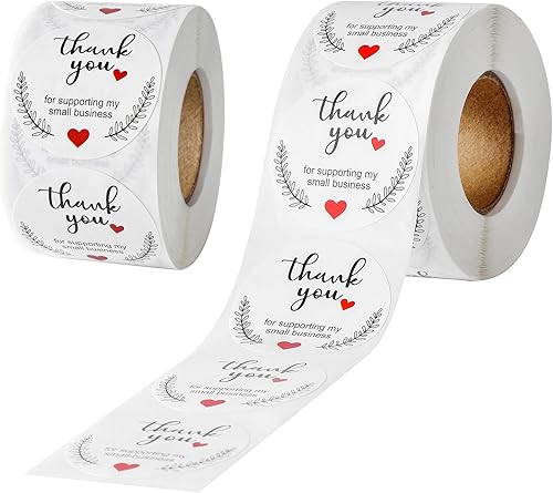 Calcomanías de agradecimiento de 1.5 pulgadas, 2 rollos en total, 1000 calcomanías apreciadas para pequeñas empresas, embalaje redondo de 1 12