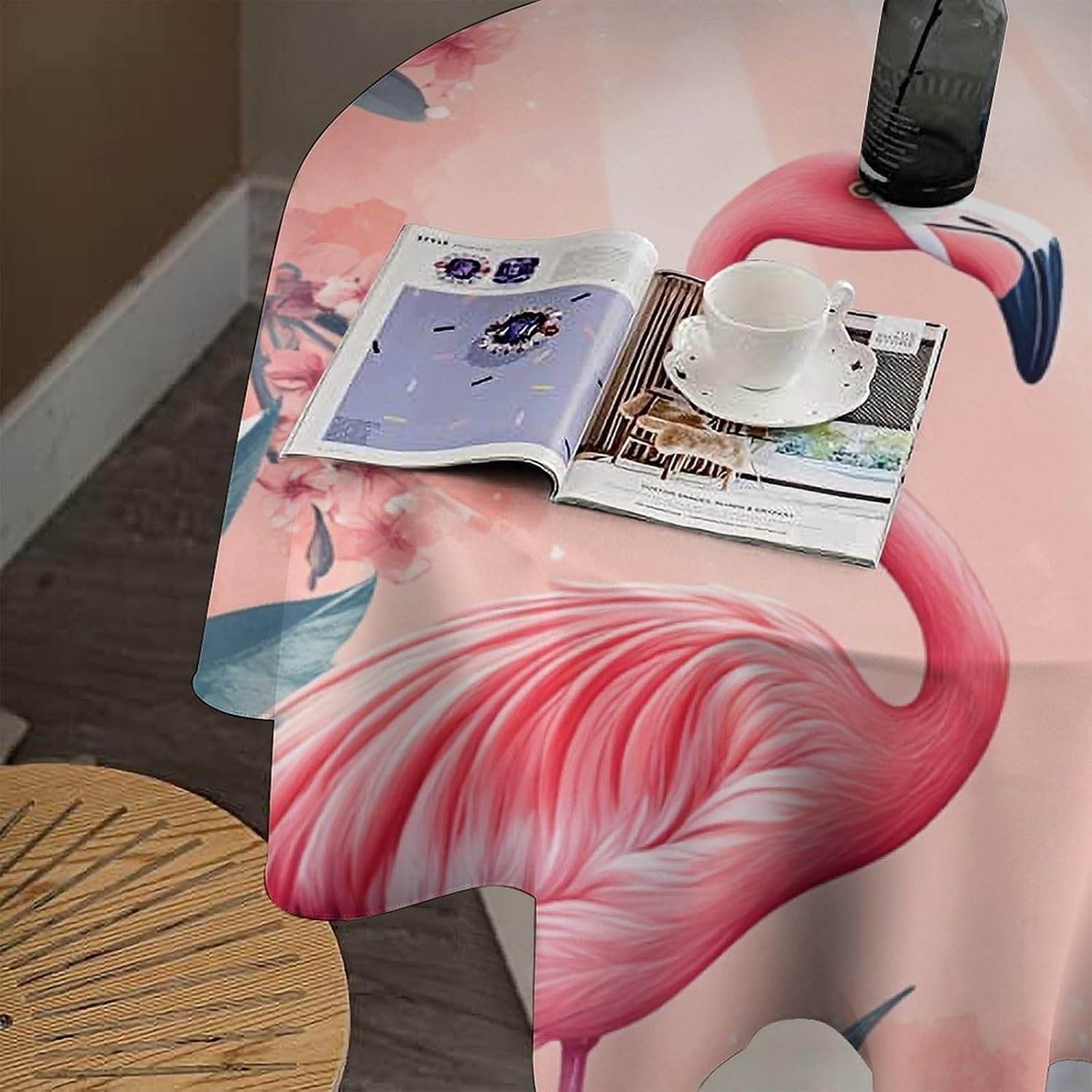 Round Tablecloth Tropical Palm Leaf Tree, Washable Flamingo Novelty Fantasy Table Cover for Kitchen Dining, Indoor Outdoor Decor, 60 Inch
